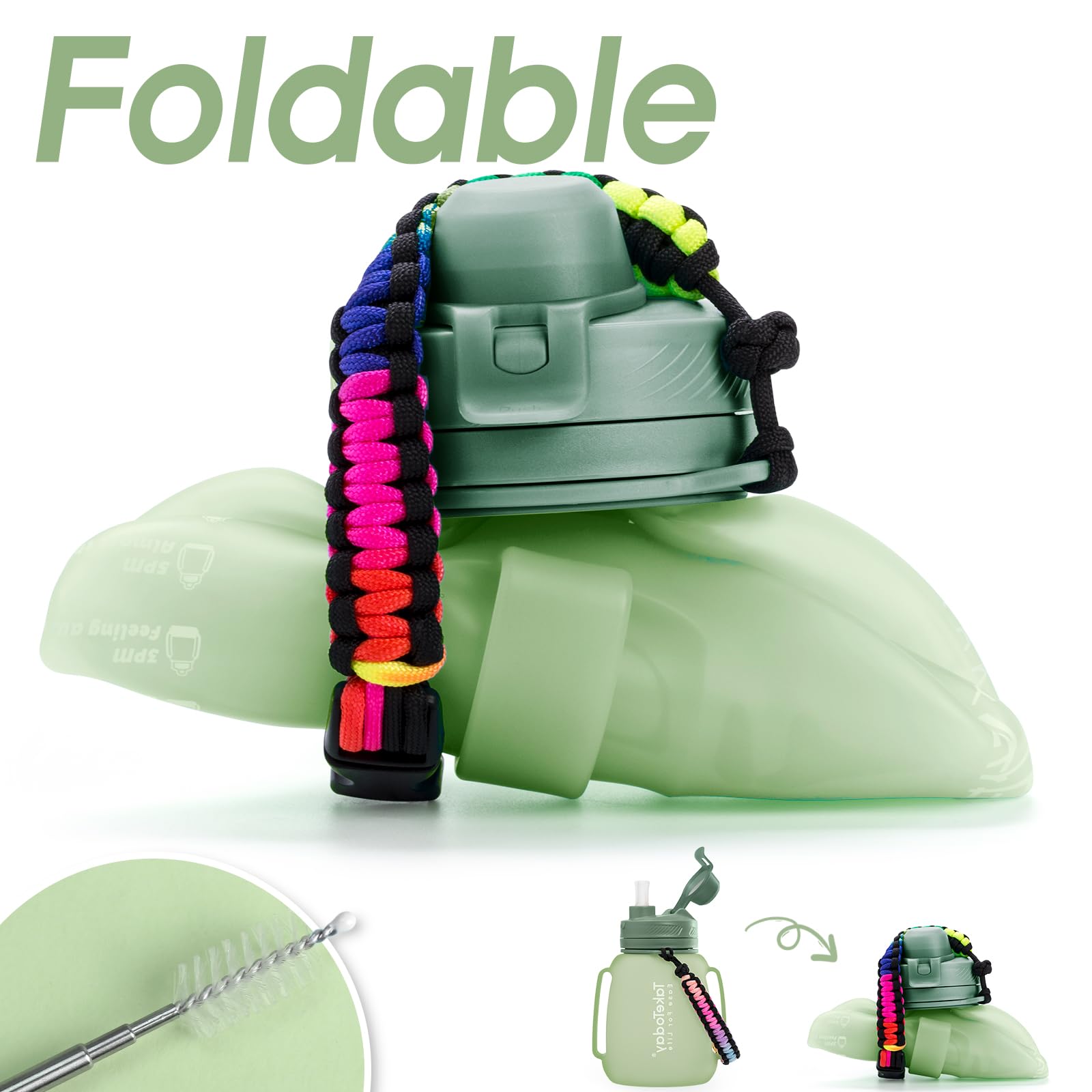 TakeToday 40 OZ Motivational Water Bottle with Straw and Paracord Handle 1.2L Silicone Sports Water Bottle with Time Marker(Green)