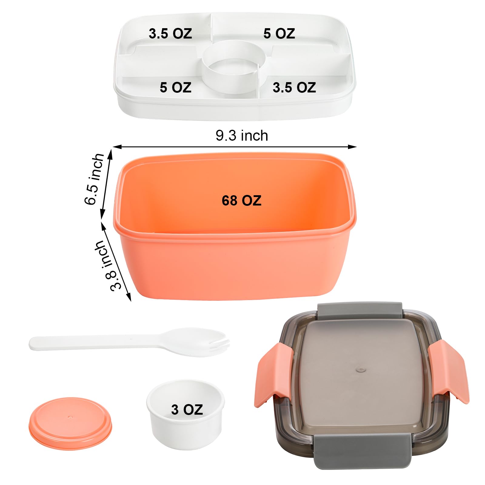 Youeon 3 Pcs 68 Oz Salad Lunch Container With 4 Compartment Tray, Bento Lunch Box With Spoon & Dressing Cup, Leakproof Salad Con