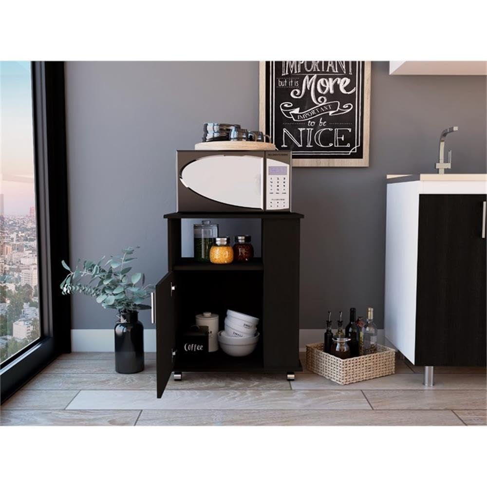 TUHOME Kit Lower Microwave Cabinet  One-Door Cabinet  Three Lateral Shelves  Two Internal Shelves  Countertop For Microwave  Black  For Kitchen Room