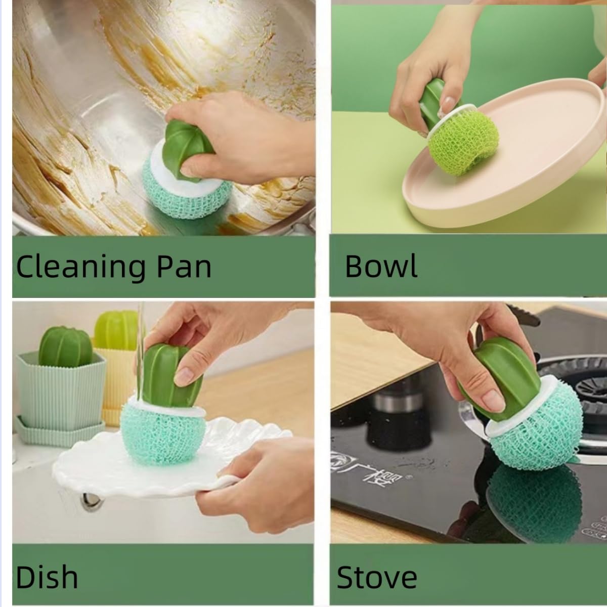 Dish Cleaning Brush Holder Set Kitchen Dish Scrub Brushes Dishes Pots Pans Cleaning Tool- 3 Replaceable Brush Heads