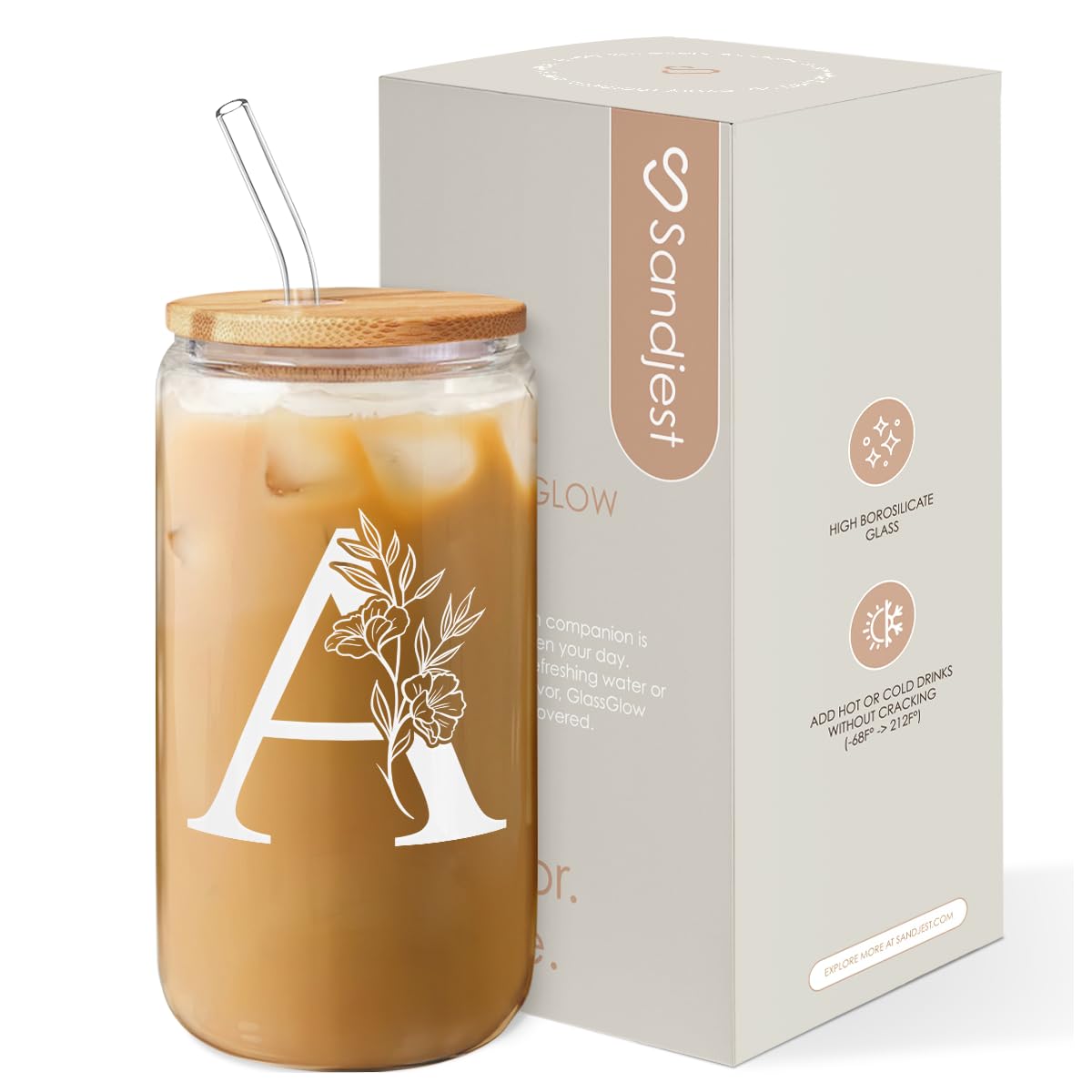 SANDJEST Monogrammed Gifts for Women - Monogram A Initial Glass Cup 16 Oz Can Coffee Cups with Lid and Straw - Monogram Initials