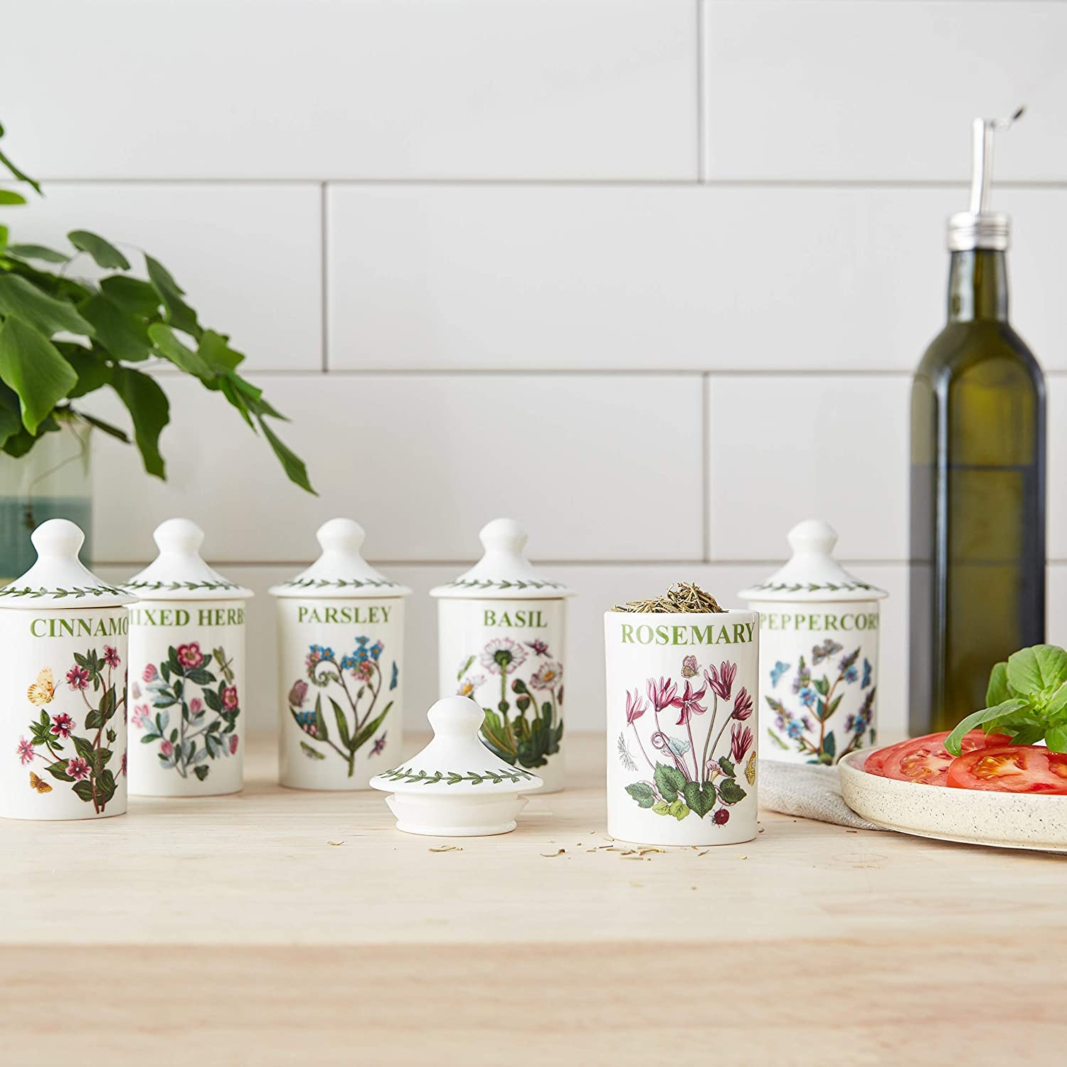 Portmeirion Botanic Garden 4.5'' Spice Jars - Set of 6 | Assorted Floral Motifs | Airtight Container | Fine Porcelain | Ideal fo