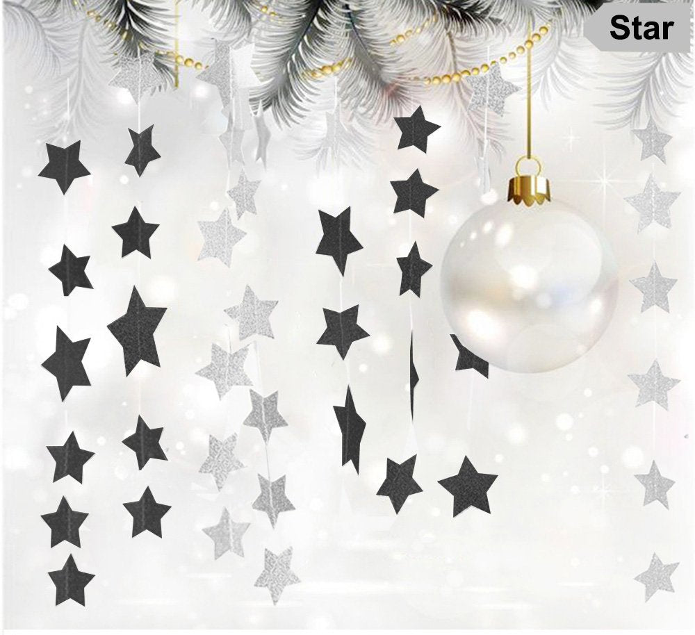 Glitter Black Star Hanging Garland - Twinkle Paper Star Banner For Festival Home Wall Decoration, Halloween Themed Party, Birthd