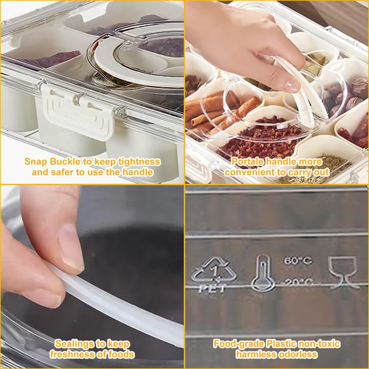 Divided Serving Tray With Lid And Handle, Snackle Box Charcuterie Platter, Clear Storage Organizer For Candy, Veggie, Fruits, Nu
