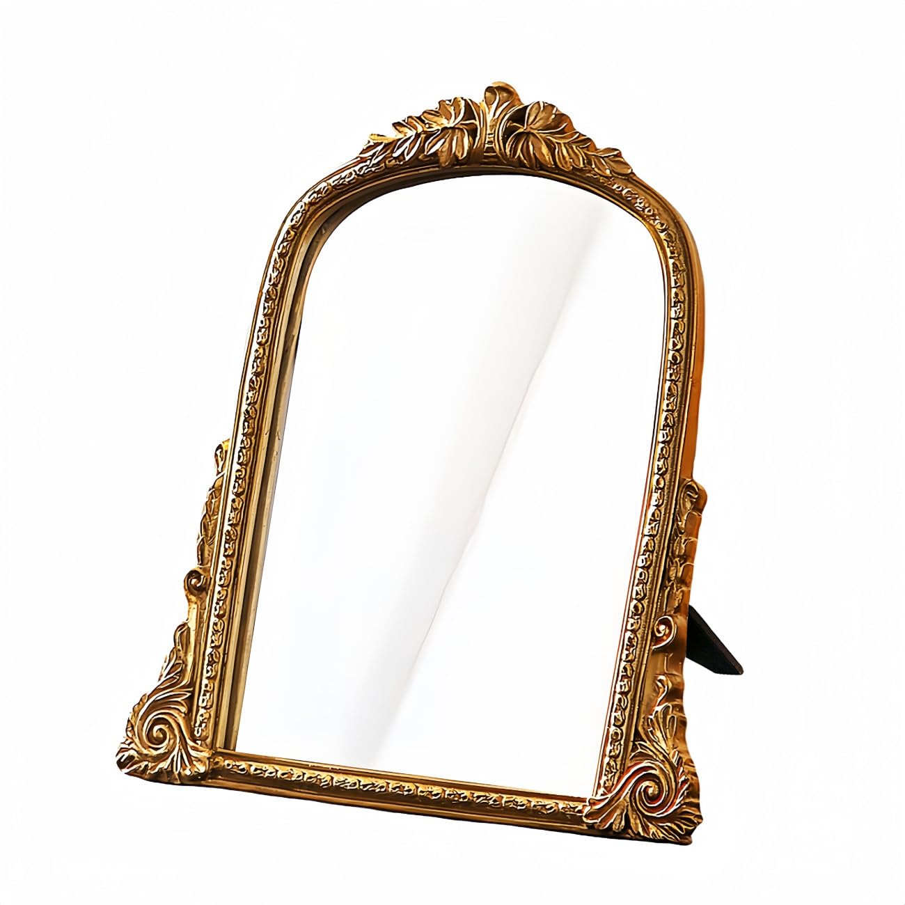 Hsddhome Vintage Gold Vanity Makeup Desk Mirror - Antique Chic Arch Table Mirror With Carved Resin Frame, Small Standing Arendah