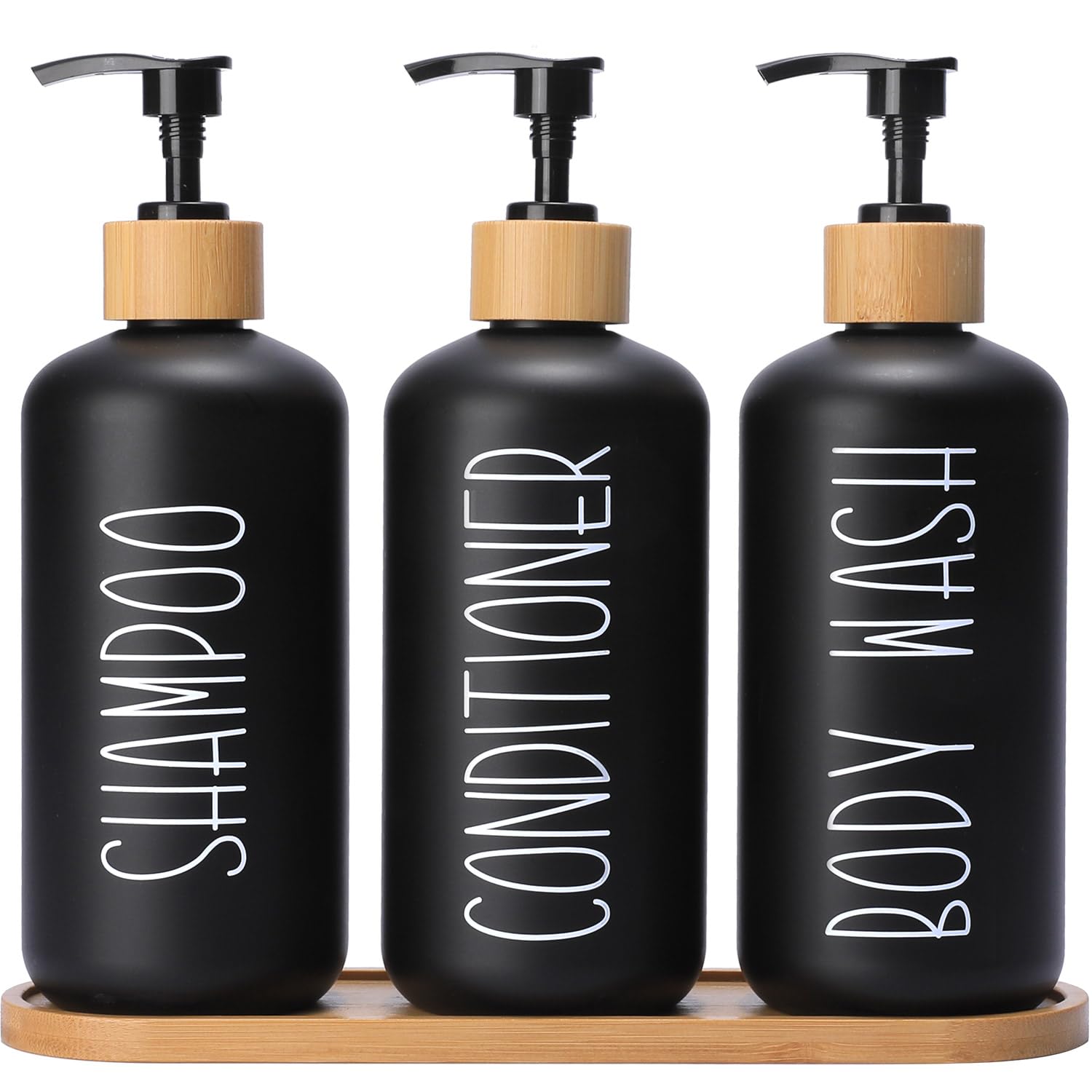 Momeemo Black Shower Soap Dispenser Set, Contains 3 Extra-Thick Pet Plastic Bottles With Bamboo Pumps, Shampoo Bottles Refillabl