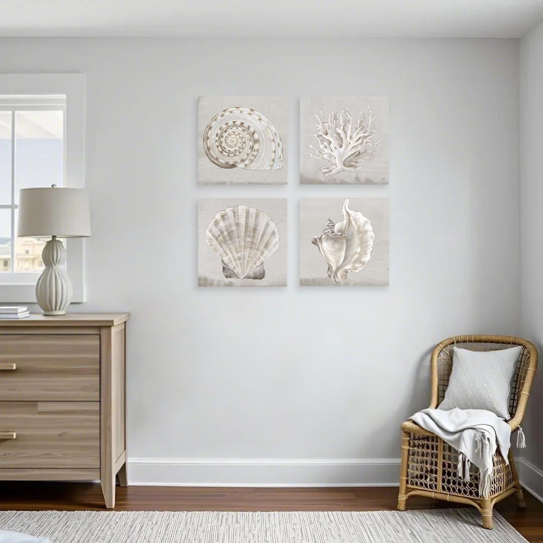 JAPO ART White shells Coastal Modern Seascape Canvas Wall Pictures Vintage Giclee Print on Canvas by PI Creative Art Stretched Living Room Bedroom Wall(White shells Eva Watts  12 x 12 Inch x 4 pcs)