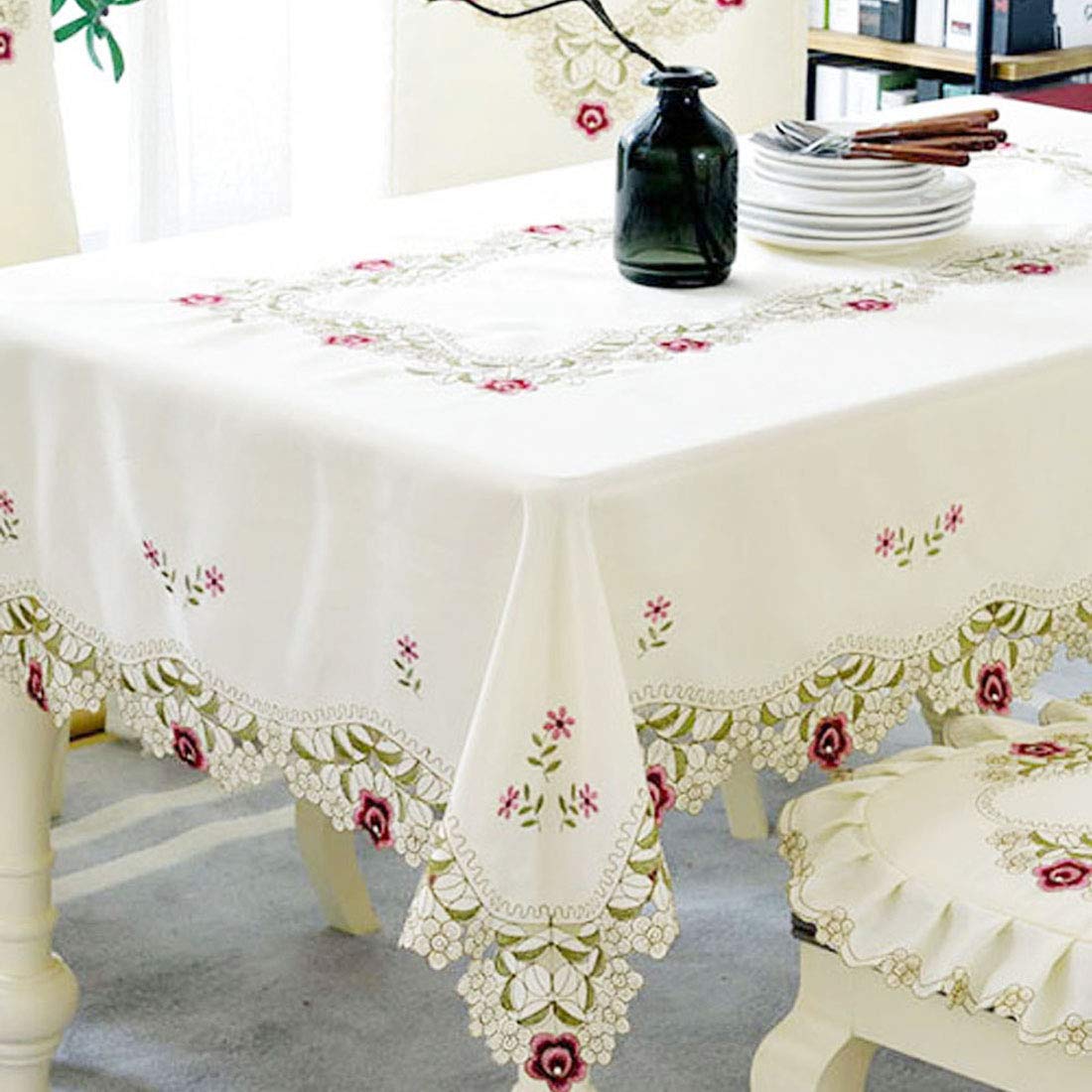 Lelehome 50 Inch Square Red Flower Embroidered Lace Cream Tablecloth, Vintage Classic Rose Table Cloth Cover For Dining Kitchen