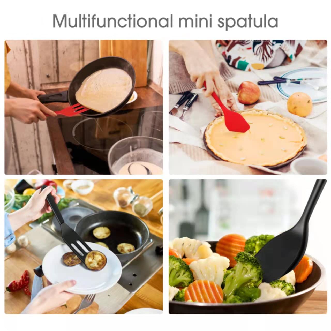 Armrouns Mini Serving Spatula 2Pcs Set, Silicone Serve Turner Heat-Resistant Cookie Slotted Spatula, For Kitchen Cooking. (Black