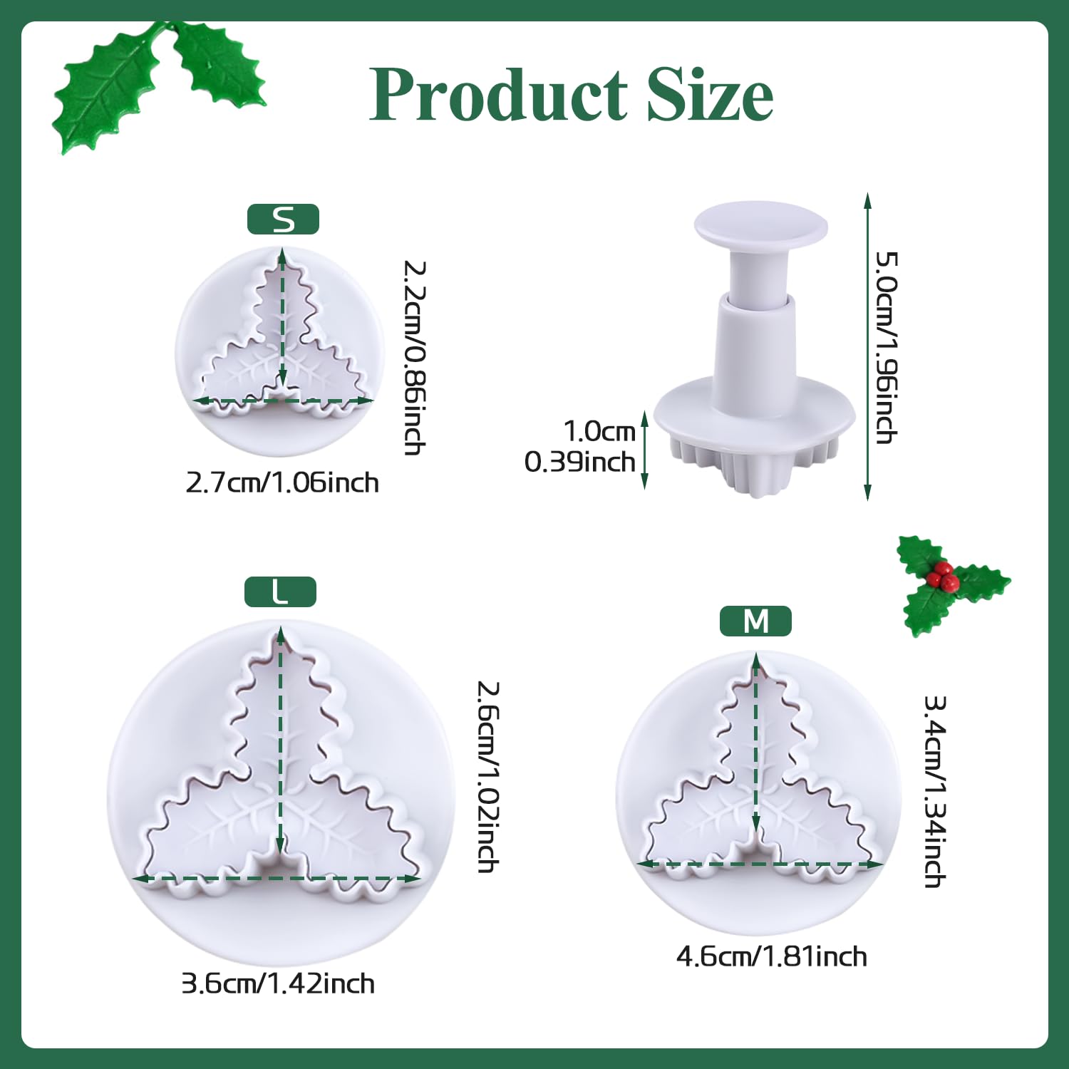 KALAIEN 3pcs Holly Leaf Plunger Cutter Set - Plastic Fondant Baking Tools, White, Model BGYM0128
