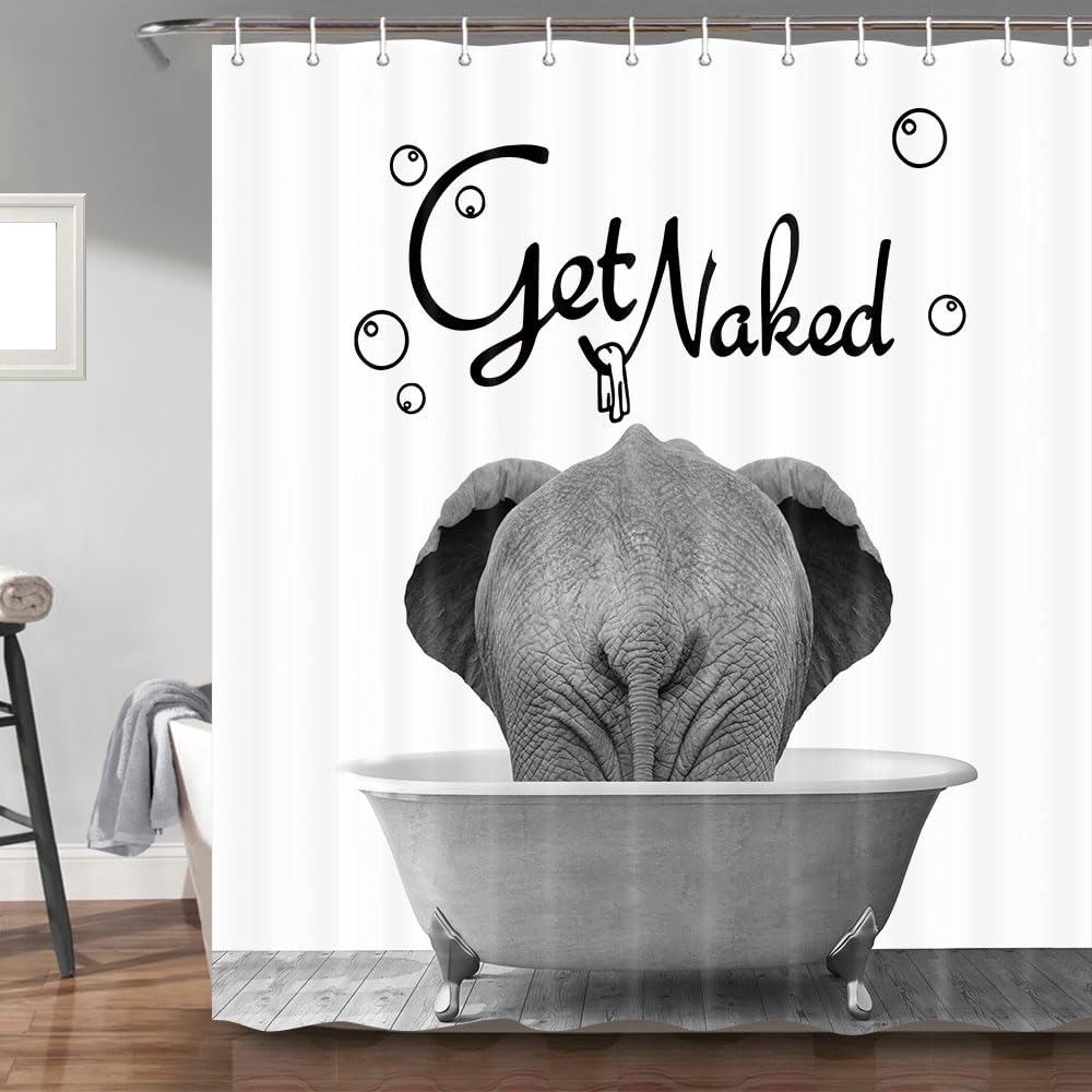 Uokiuki Get Naked Fabric Shower Curtain, Funny Animal Elephant Bathing In The Bathtub Shower Curtain For Bathroom, Cute Bath Cur