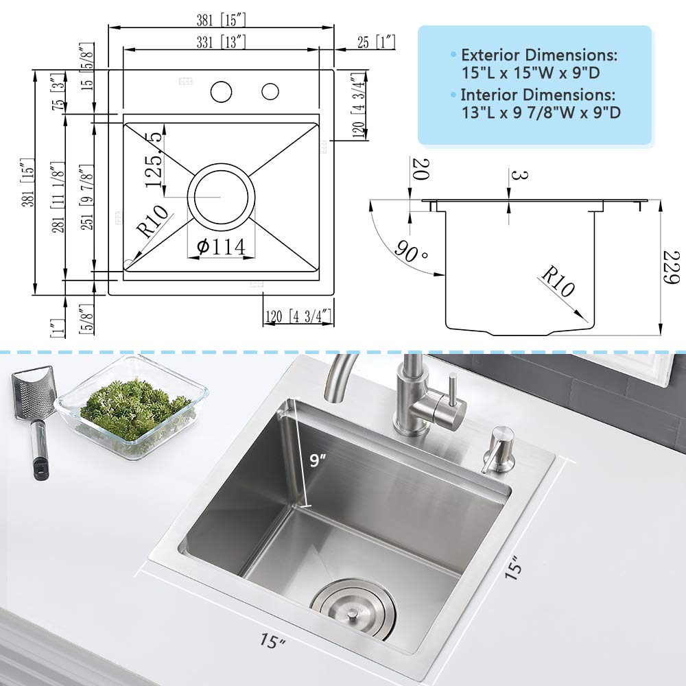 15 Inch Bar Sink Drop In Workstation-Vasoyo 15X15 Small Kitchen Sink Drop In Bar Sink 16 Gauge Stainless Steel Bar Prep Sink Out