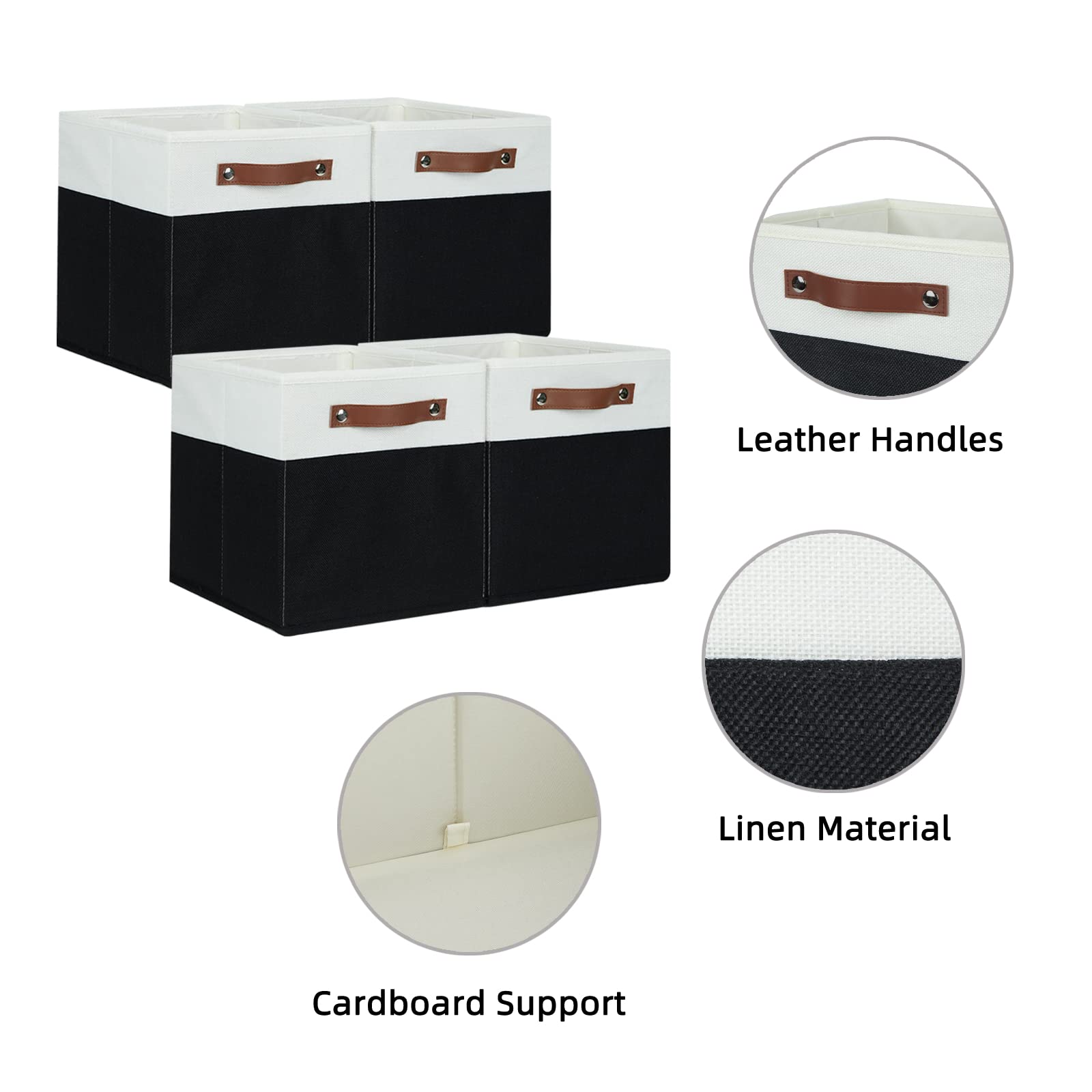HNZIGE Cubes Storage Bins Set of 4 11 x 11 Fabric Storage Cube Baskets for Storage Decorative Storage Bins for Shelves with Handles Closet Clothes Baskets for Organizing Home(Black White)