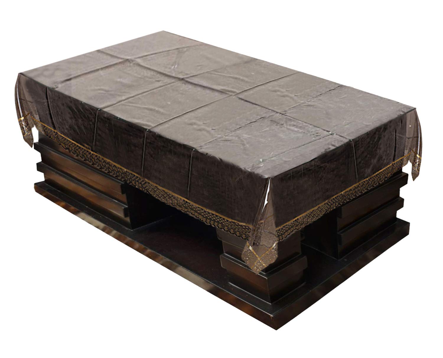 Kuber Industries Pvc 4 Seater Center Table Cover With Golden Lace (Black Transparent), Ctktc13897
