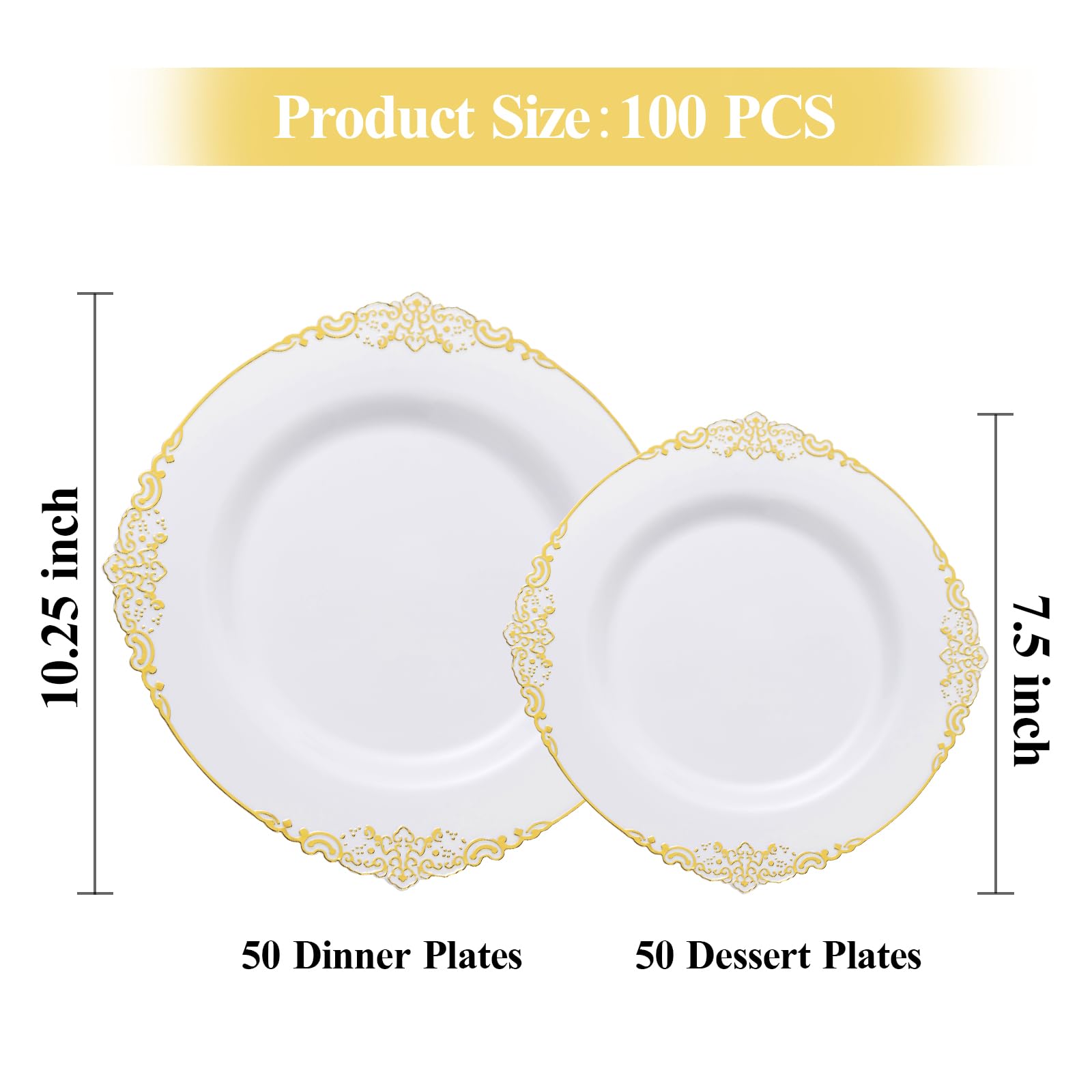 Bestluck 100 Pcs White And Gold Plastic Plates For 50 Guests, Gold Disposable Plates Include 50 Pcs Dinner Plates, 50 Pcs Desser