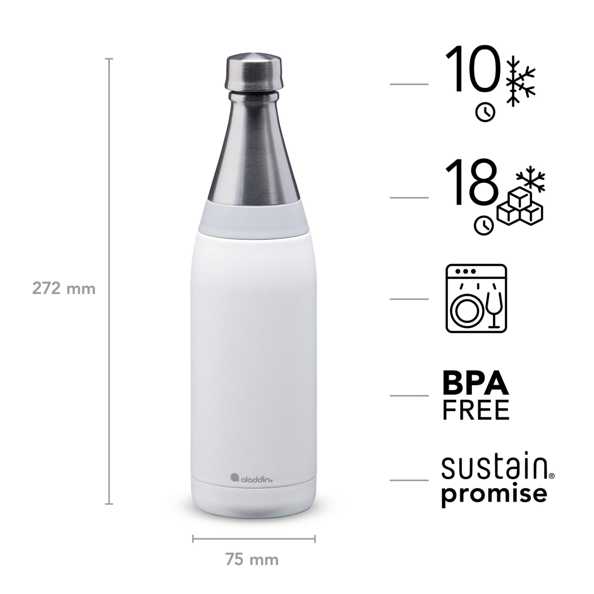 Aladdin Fresco Thermavac Stainless Steel Water Bottle 0.6L Snowflake White - Leakproof - Keeps Cold for + 10 Hours - BPA-Free - Dishwasher Safe - Reusable Thermos Flask with Durable Finish