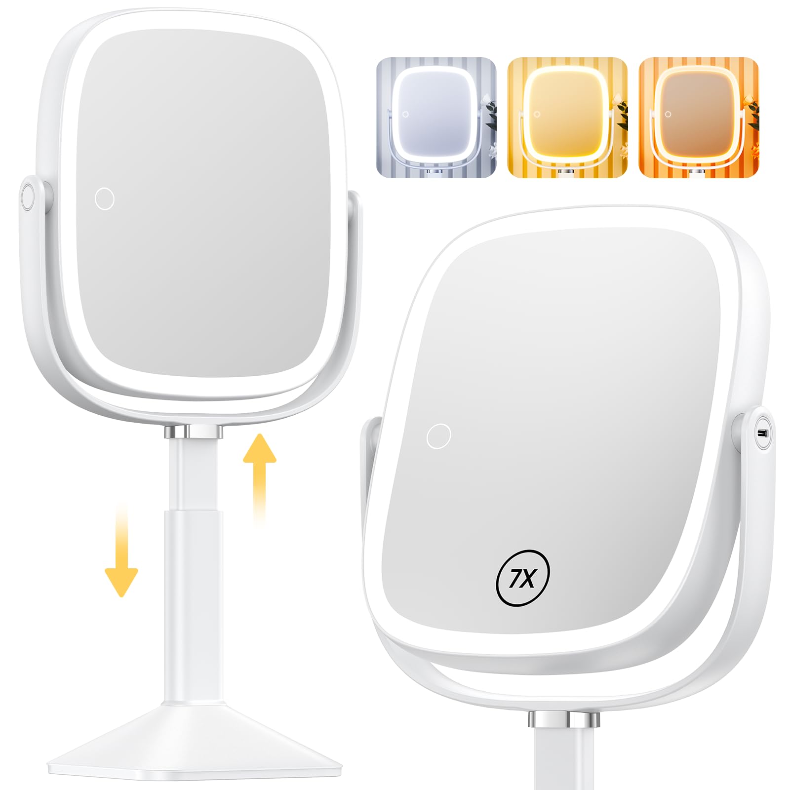 Gospire Rectangle Lighted Makeup Mirror With Lights 3 Color, Height Adjustable And 1X/7X Magnifying, 2000Mah Rechargeable Batter