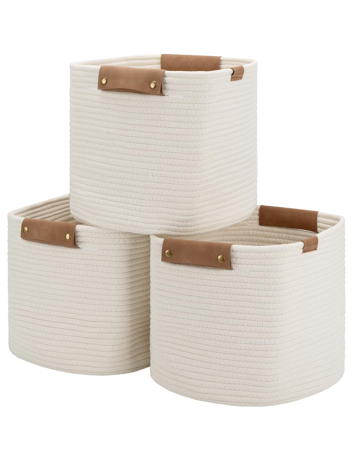Storageworks 11X11X11 Woven Baskets - 3 Pack, Cotton Rope Baskets With Leather Handles, White - Cube Storage Organizer For Bedro