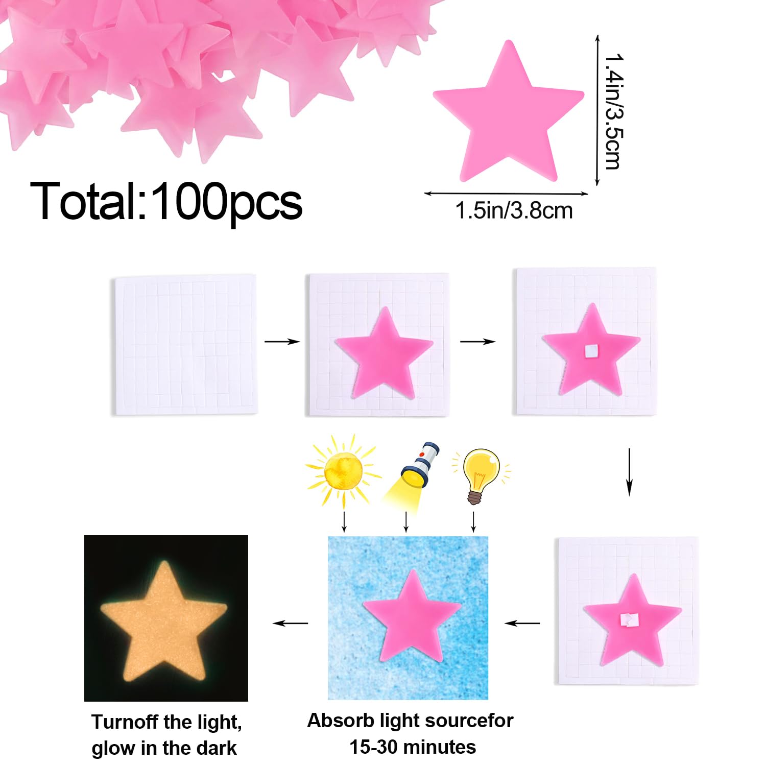 AM AMAONM 100 Pcs Pink Glow in The Dark Luminous Stars Fluorescent Noctilucent Plastic Wall Stickers Murals Decals for Home Art Decor Ceiling Wall Decorate Kids Babys Bedroom Room Decorations