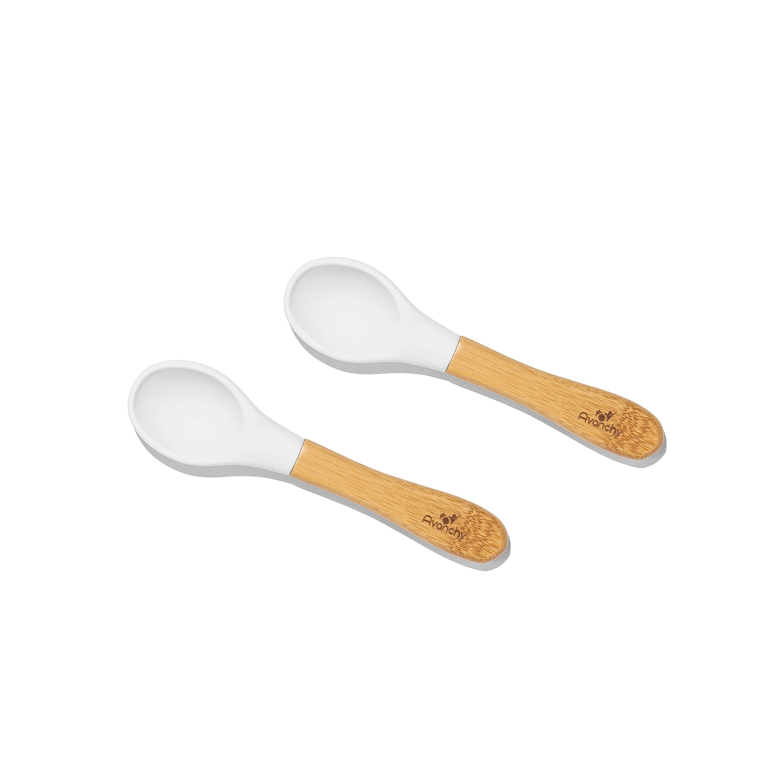 Avanchy Baby Spoons Bamboo and Silicone Set  Self Feeding Food Utensils  4 Months Baby Led Weaning  2 Pack