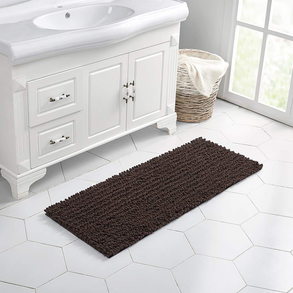 Walensee Bathroom Rug Non Slip Bath Mat (44X24 Inch Brown) Water Absorbent Super Soft Shaggy Chenille Machine Washable Dry Extra