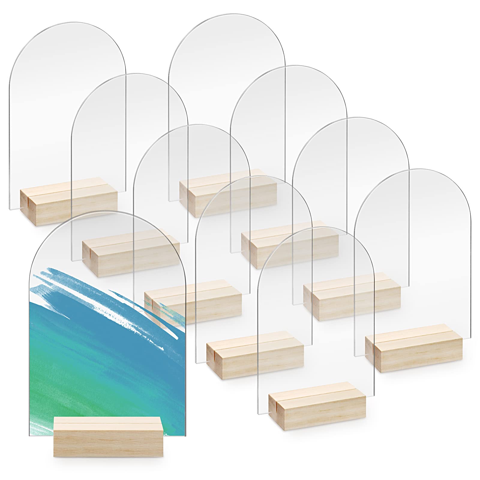 Bercoor 10 Pack 4X6 Inch Blank Clear Arch Acrylic Sign With Wooden Stands, Arched Round Top Acrylic Sheet, Diy Acrylic Arch Tabl