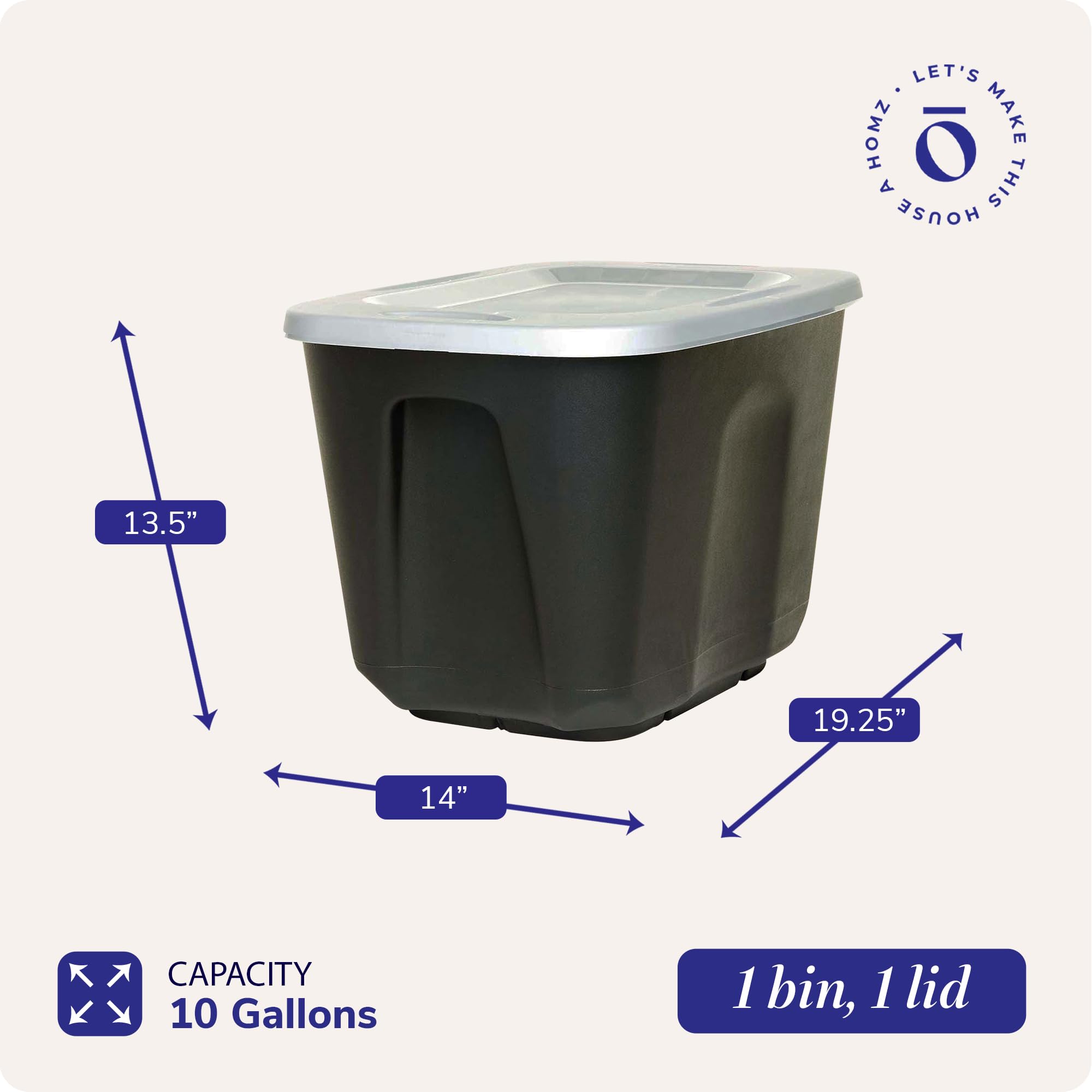 Homz 10-Gallon Durable Plastic Storage Bin With Stackable Lid Container Box With Molded Handles For Home, Office, And Garage Org