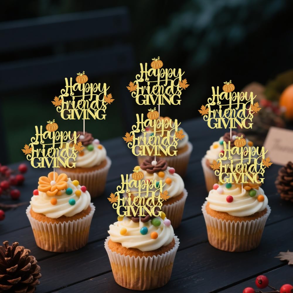 YUINYO 12PCS Happy Friends giving Cupcake Toppers Glitter Fall Theme Thanksgiving Cupcake Picks Maple Leaf Pumpkin Give Thanks C