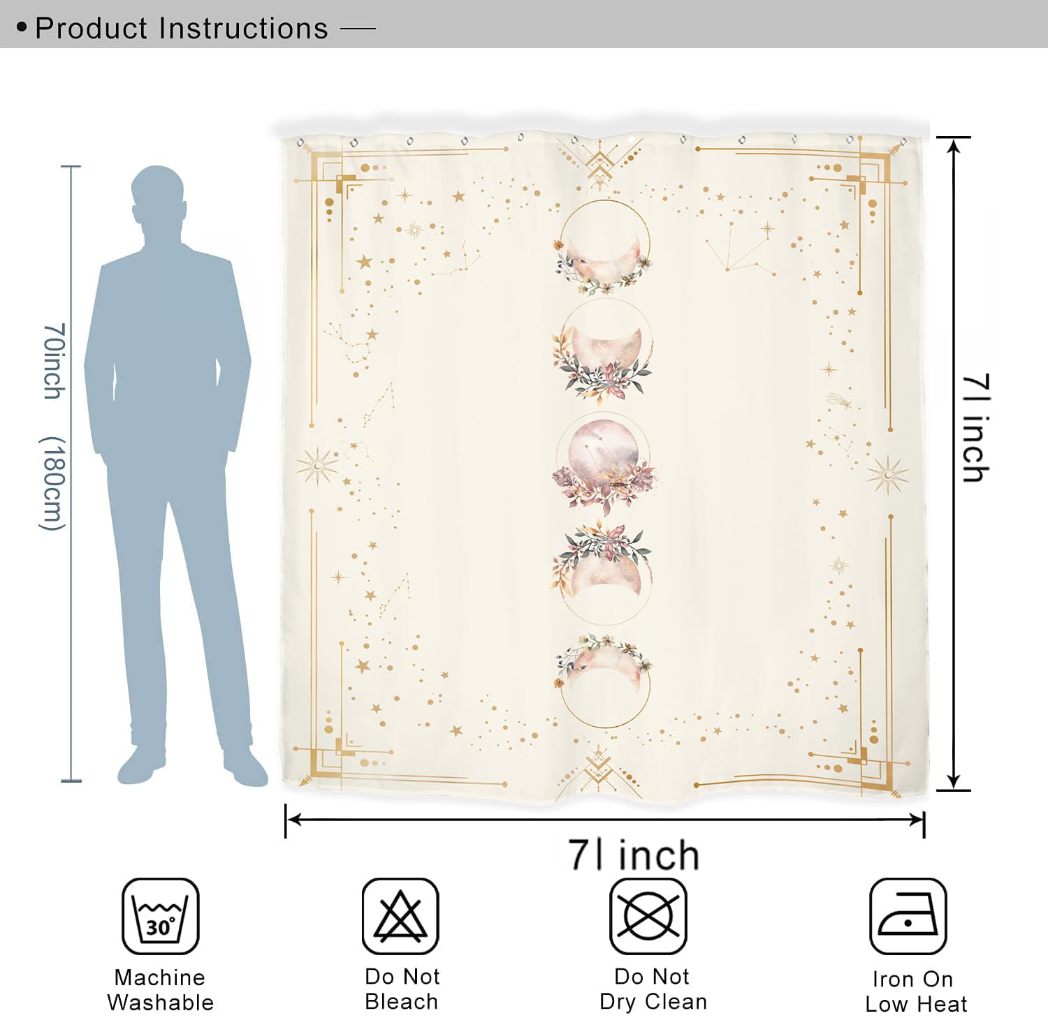 Miyotaa Moon Phase Celestial Moonlit Gothic Shower Curtain Set 71Wx71H Inches Zodiac Constellation Astrology Tarot Witch Floral