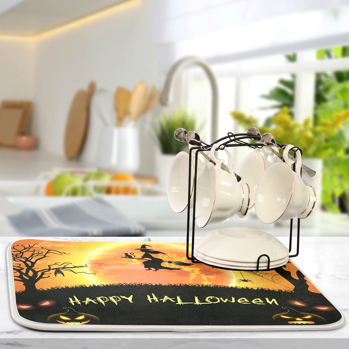 Halloween Witch Spdier Bat Dish Drying Mat 18X24 Absorbent Dishes Pumpkin Scary Night Pad Dish Drainer Mat Protector For Kitchen