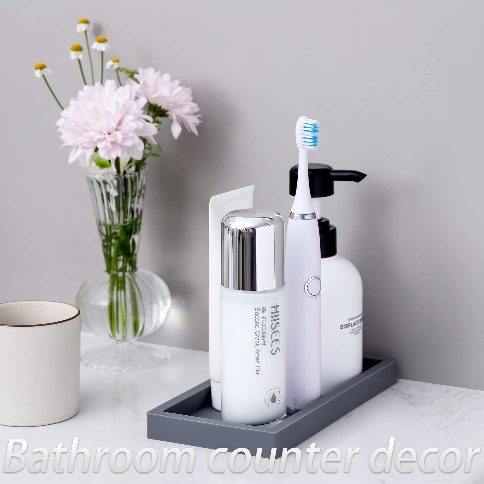 Small Silicone Bathroom Vanity Tray Rectangle Soap and Sponge Holder Kitchen Sink Organizer for Scrubber  Lotion Bottles  Perfume  Jewelry  Candle  Key Trinket Ring  Grey