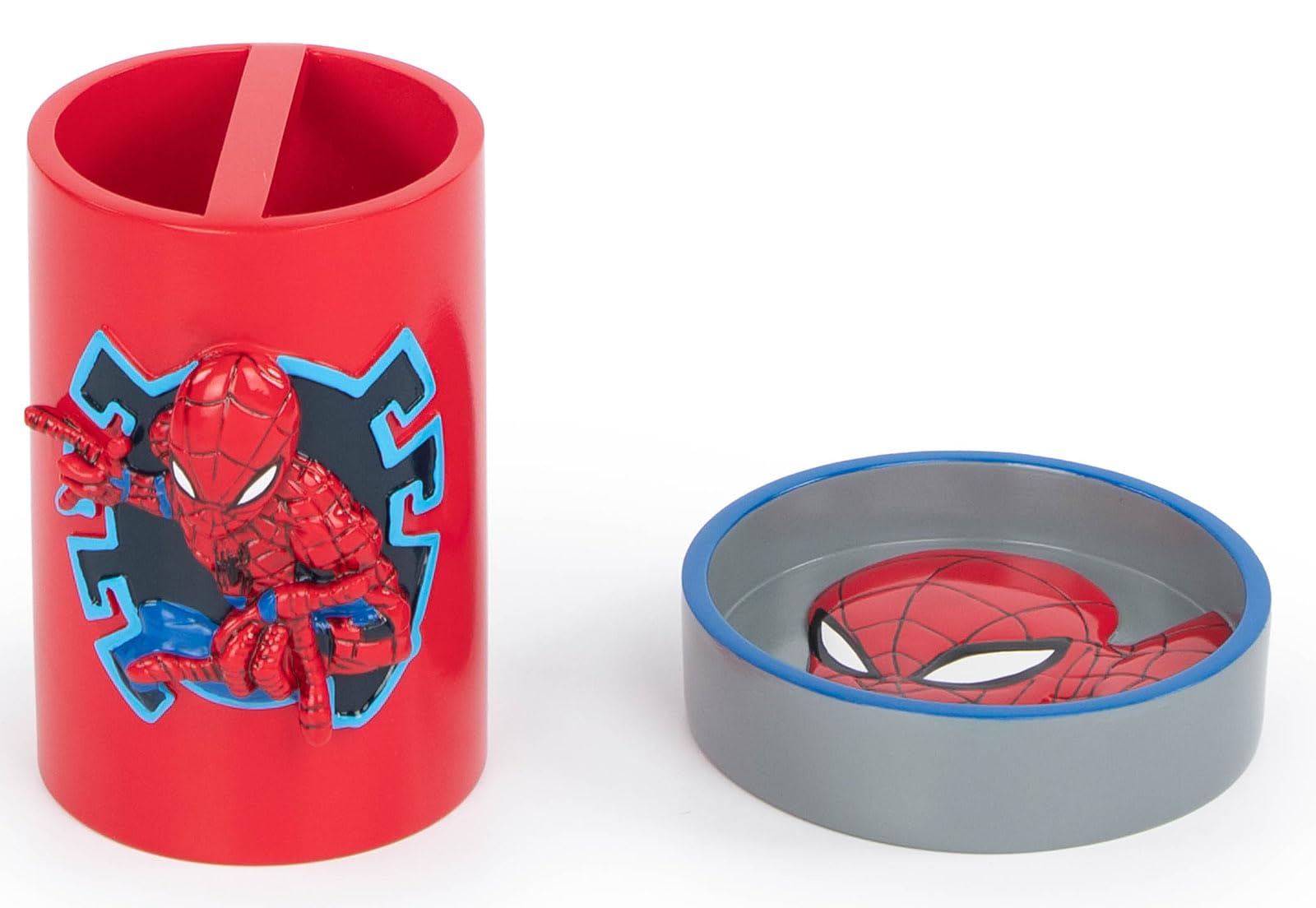 Marvel Spiderman 2 Piece Bathroom Set - Red & Blue Soap Dish & Toothbrush Holder Set - Kids Resin Bathroom Accessories