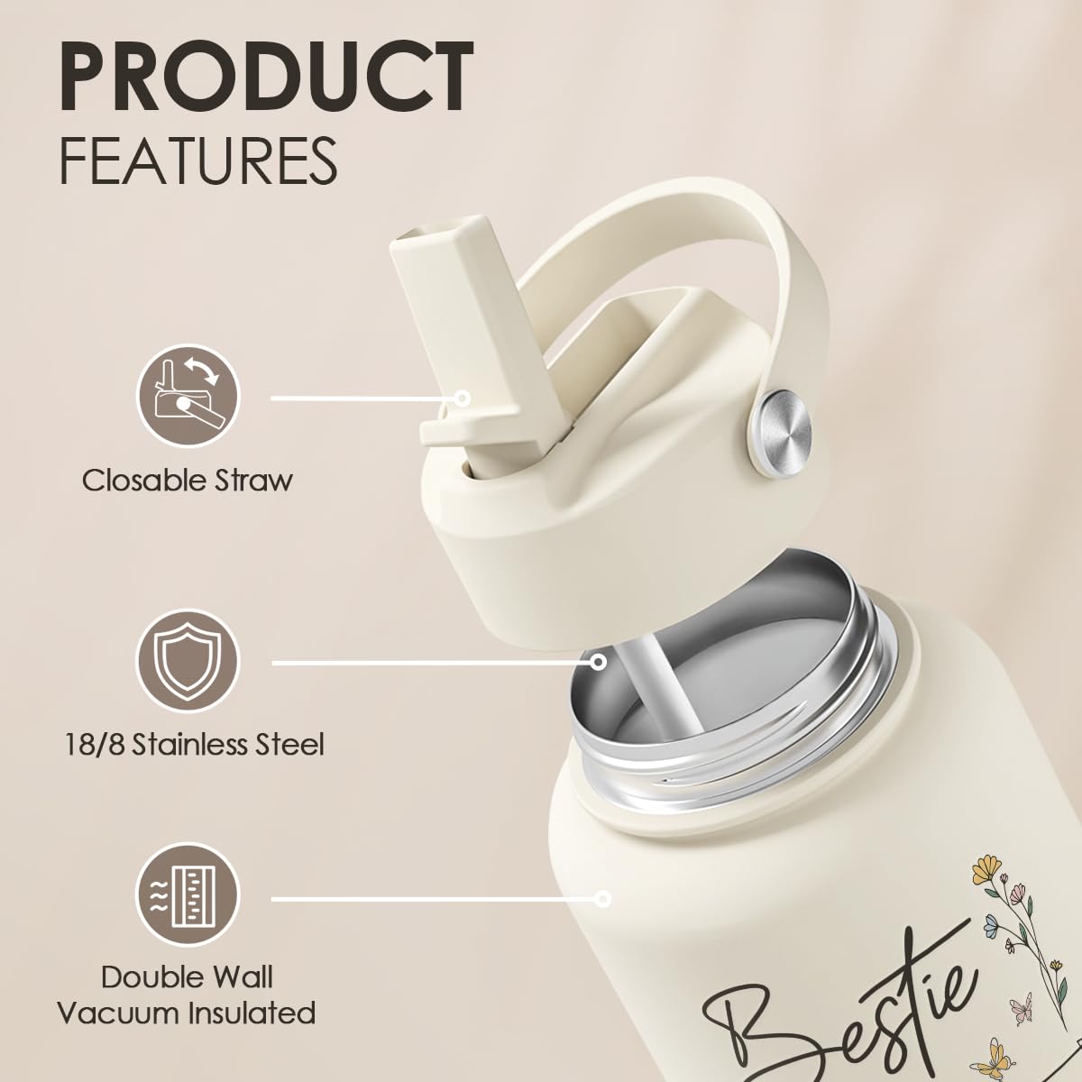 Best Friend Water Bottle 32oz Stainless Steel with Lid & Straw, Bestie Insulated Bottles for Women Girls Female Friends Sisters,