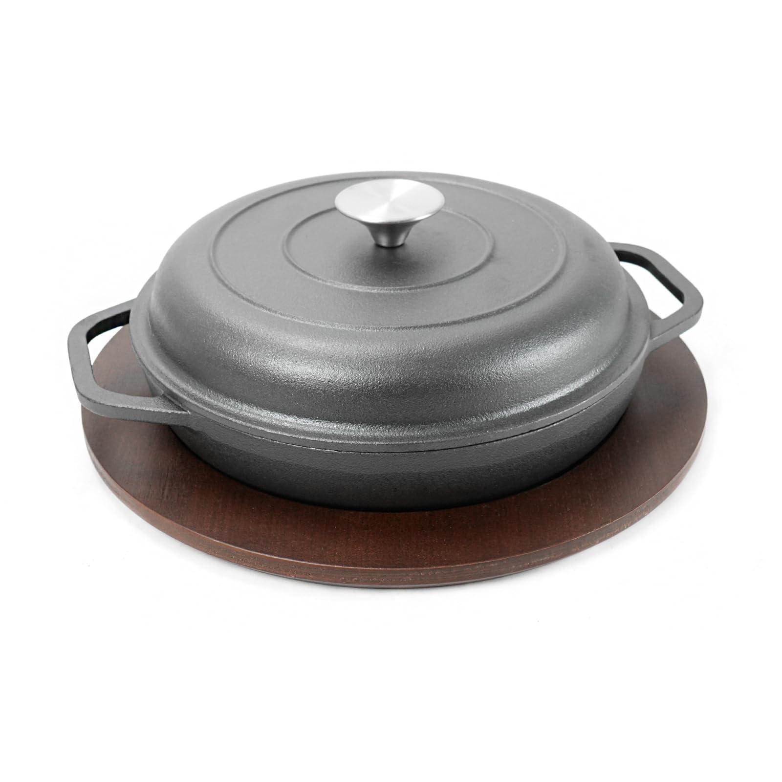 HAWOK Cast Iron Stock Pot with Lid and Wooden Base, Dia 9.8, 1.5QT, Shallow Casserole Braiser, 3Piece, Black
