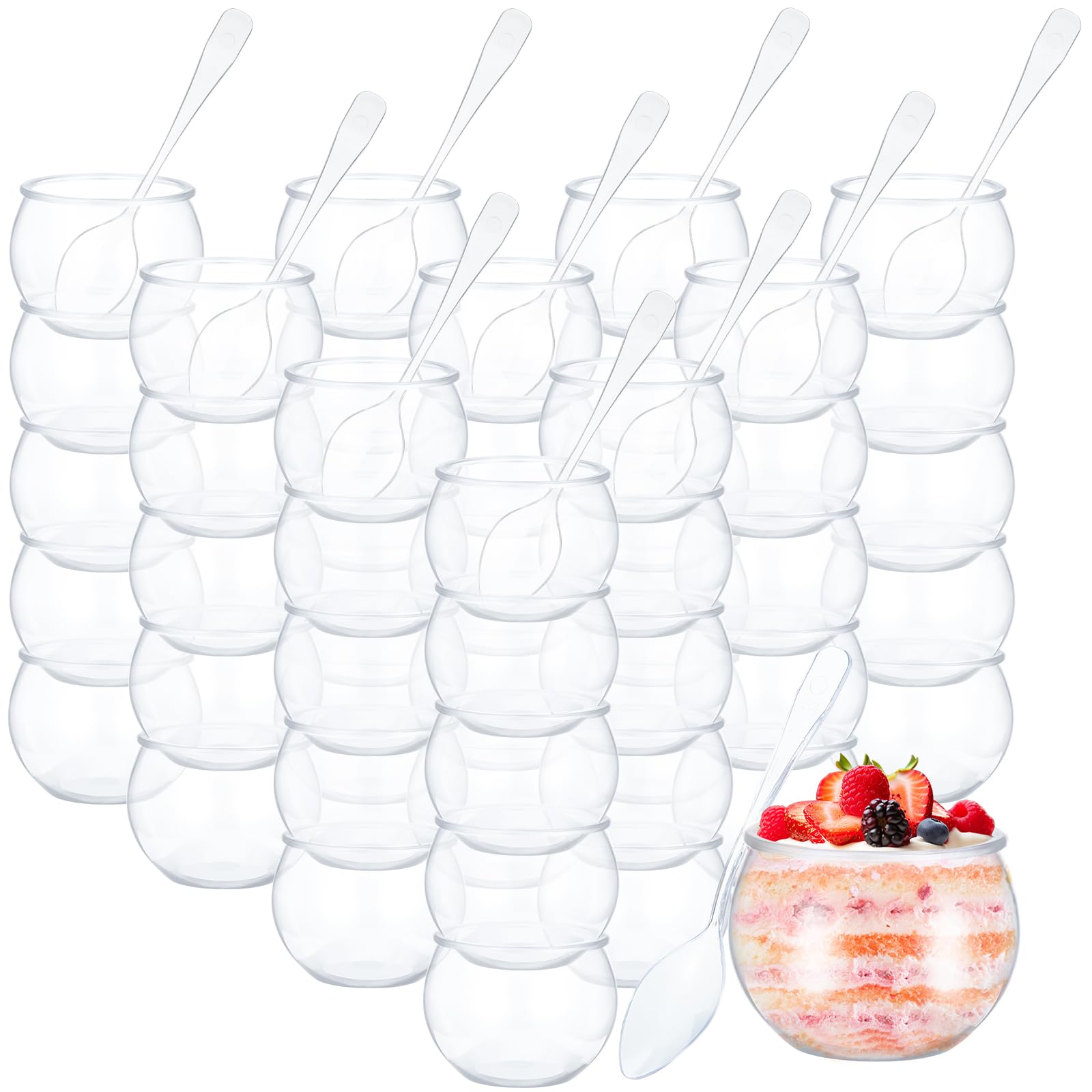 EBOOT 100PCS 2 oz Mini Dessert Cups with Spoons, Sphere Plastic Bowl