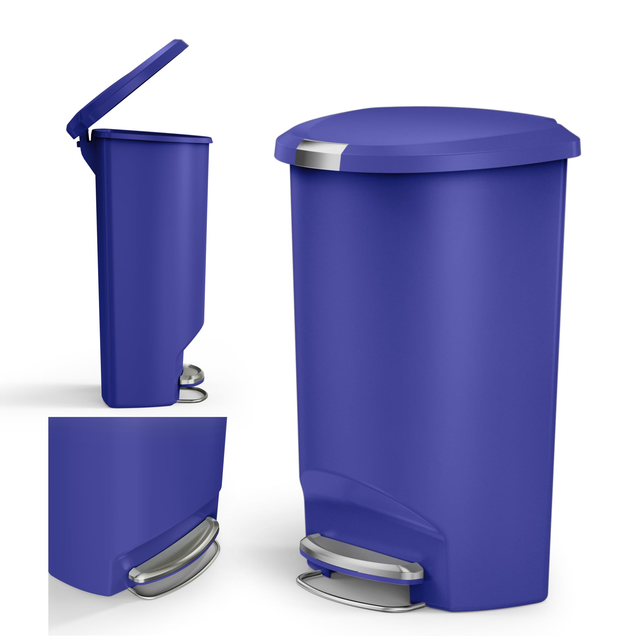 simplehuman 50 Liter / 13 Gallon Hybrid Semi-Round Kitchen Step Trash Can with Secure Slide Lock, Indigo Plastic