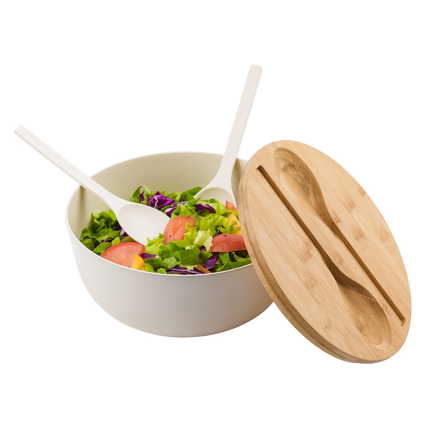 Lovyanxue Bamboo Fiber Salad Bowl With Servers Set Large 98Inches Nature Bamboo Mixing Bowl With Servers With Lid Spoon And Fork