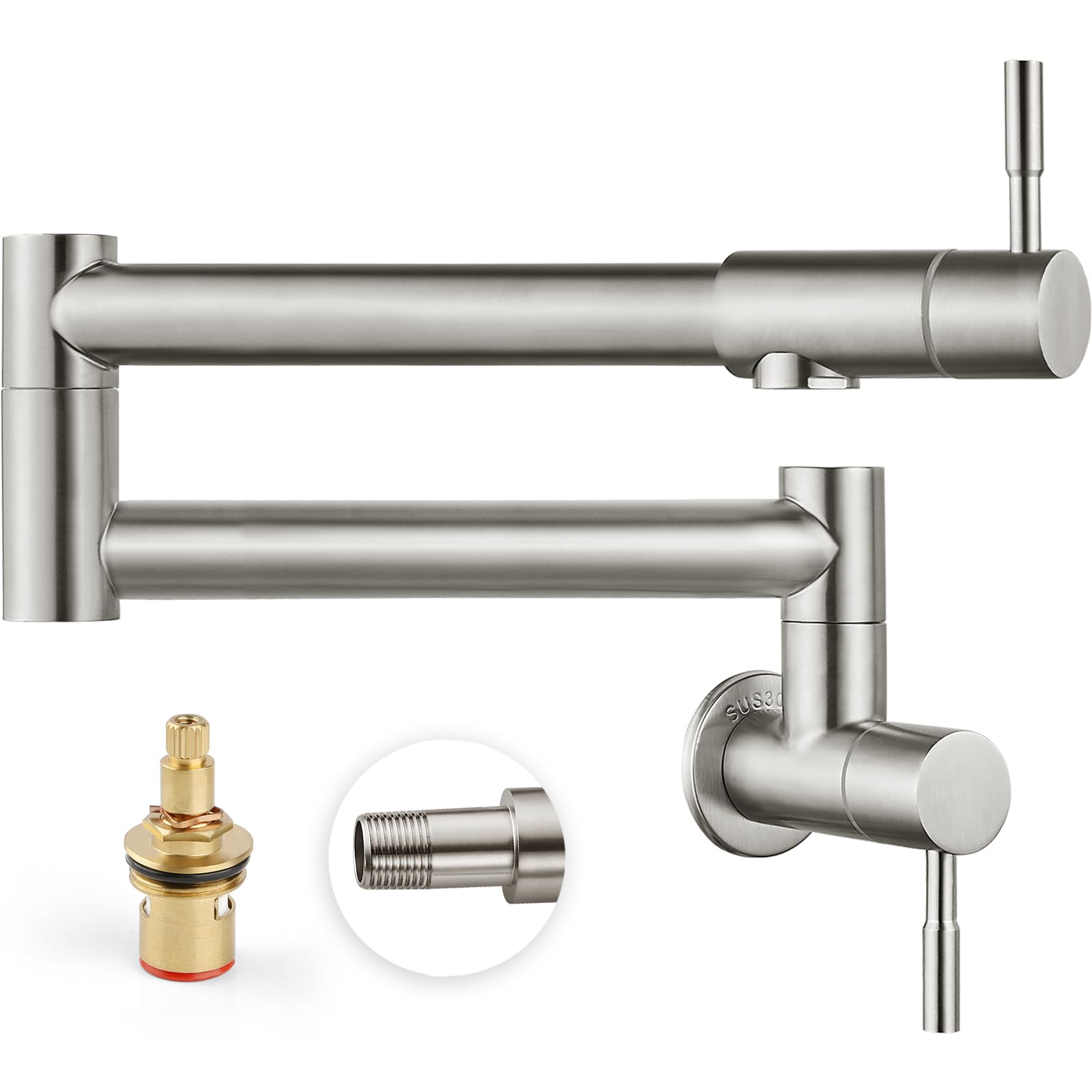 Heyalan 19'' Pot Filler Brushed Nickel Wall Mounted Folding Stretchable Kitchen Restaurant Faucet with Double Joint Swing Arm Single Hole Two Handles Commercial NPT Stainless Steel Stove Tap