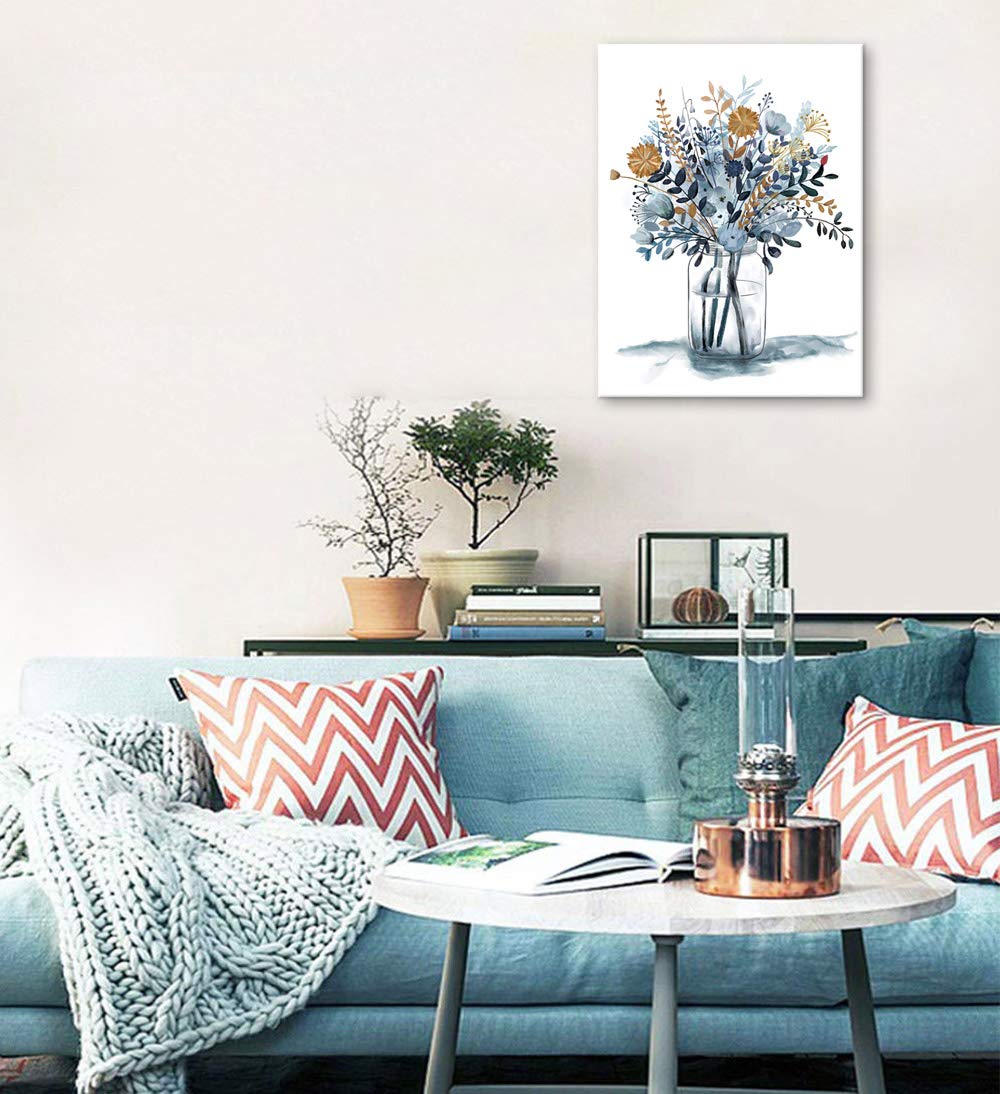 Navy Blue Flowers Canvas Wall Art Bedroom Wall Decor Minimalistic Bouquet Canvas Pictures Blossom Watercolor Artwork for Living Room Bathroom Home Office Decoration Indigo Floral Canvas Prints 12 x 16