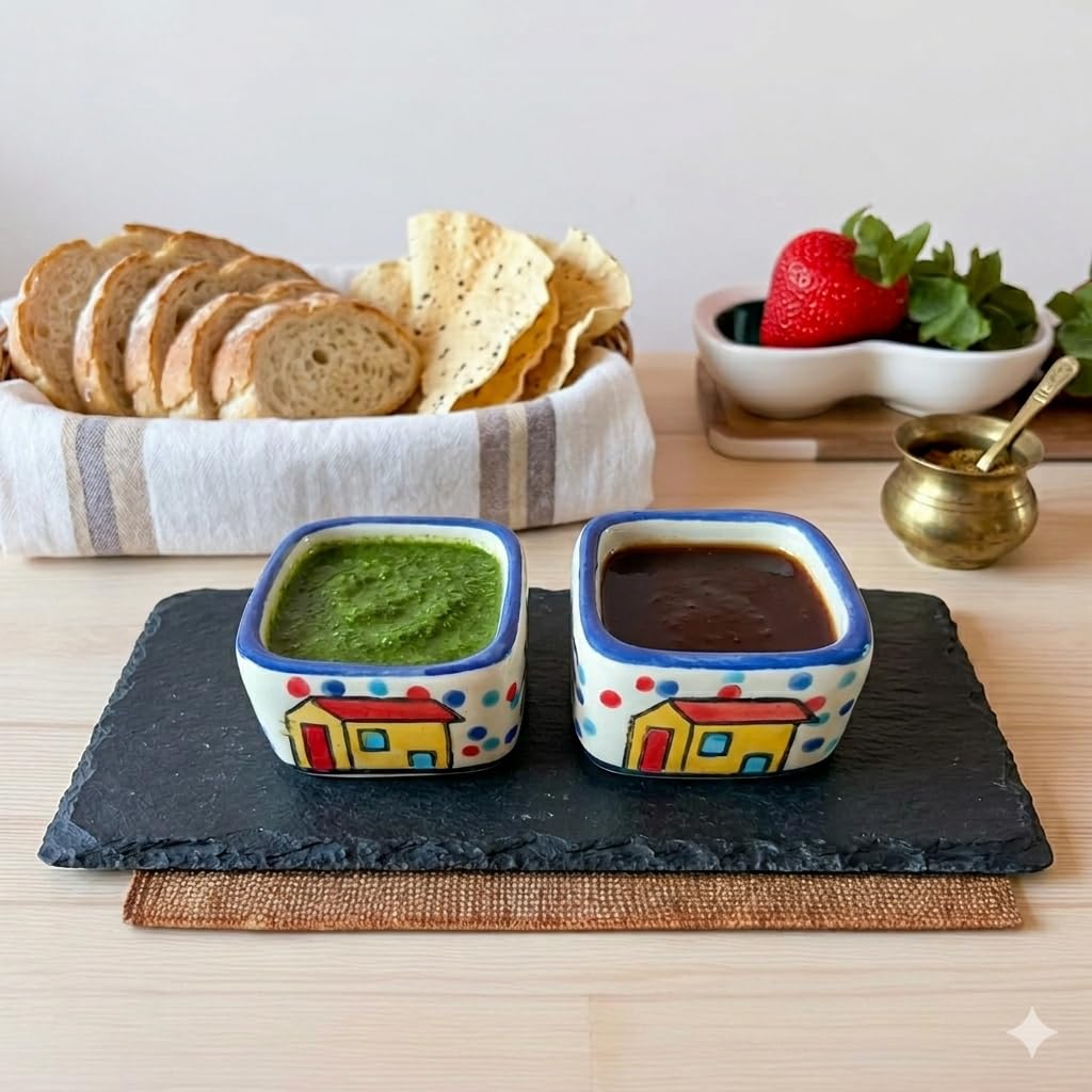 Rafoleen Ceramic Square Shape Serving Bowls (Pack Of 2) With Khajoor Tree Design | Chutney Bowl, Sauce Bowl, Pickle Bowl, Dip Bo