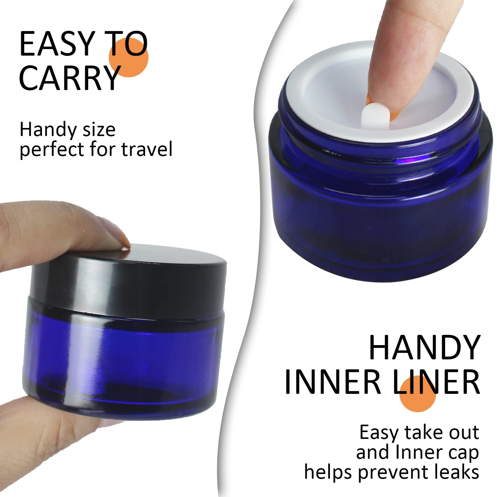 Bpfy 24 Pack 1 Oz Round Blue Glass Cosmetic Jars With Inner Liners And Black Lids, Travel Glass Jars, Cosmetic Containers For Li