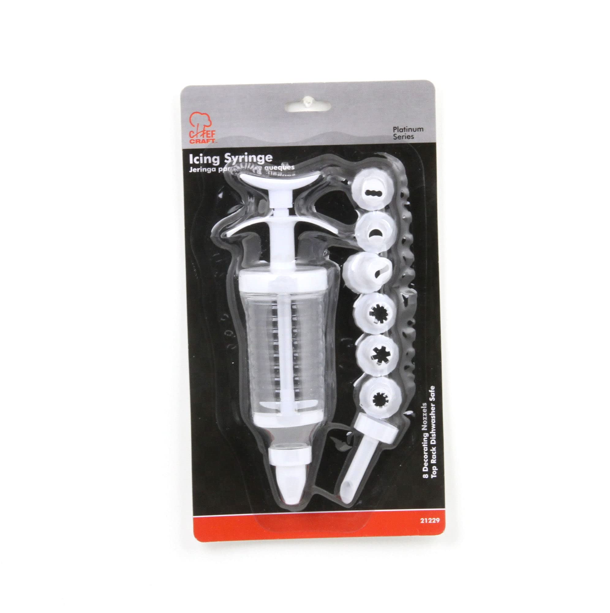 Chef Craft Select Plastic Icing Syringe, 7 Inches In Length With 8 Tips, White And Clear
