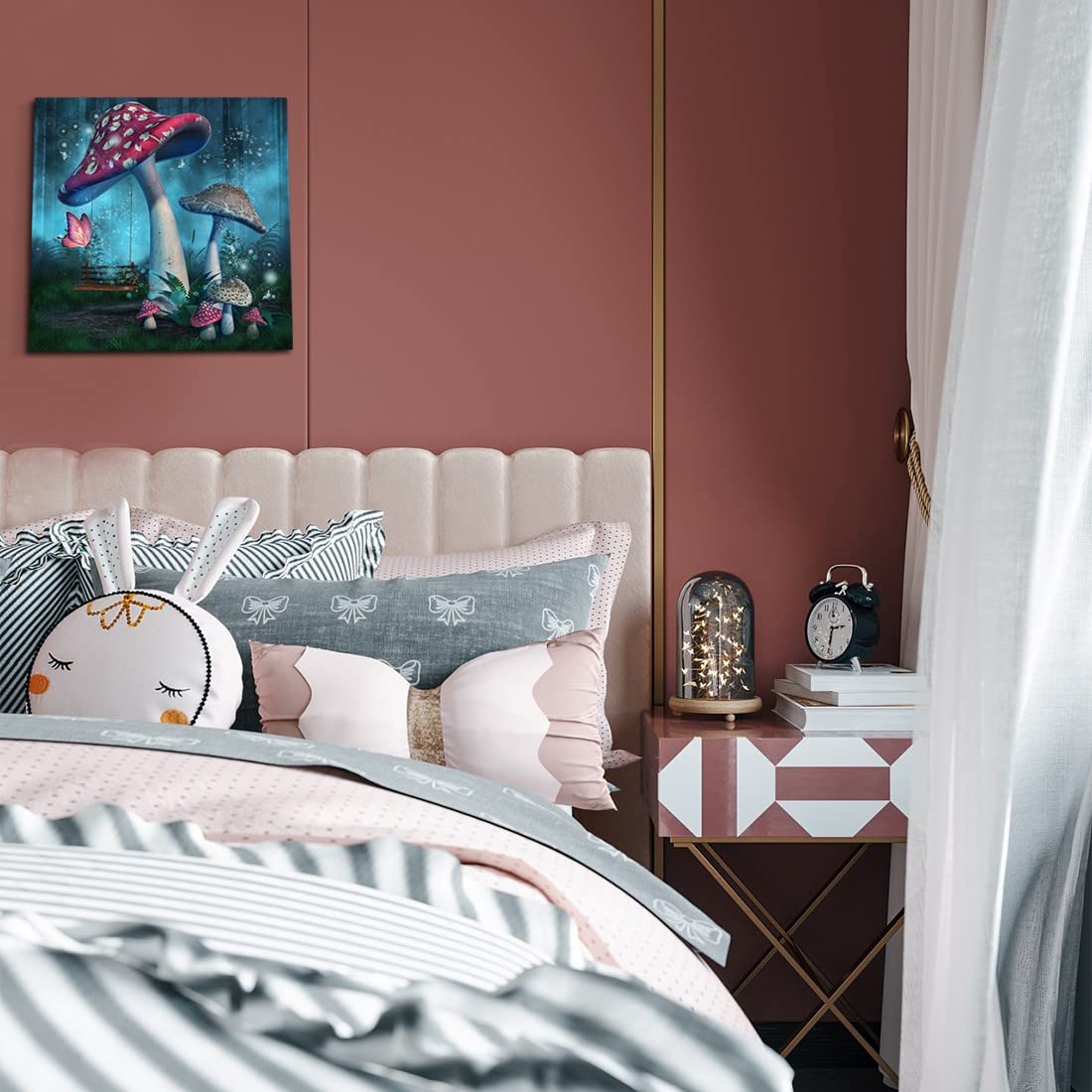 Magical Forest Wall Art Fantasy Mushroom Wall Decor Nature Landscape Plant Picture Butterflies Canvas Print Nursery Decor Fairyt