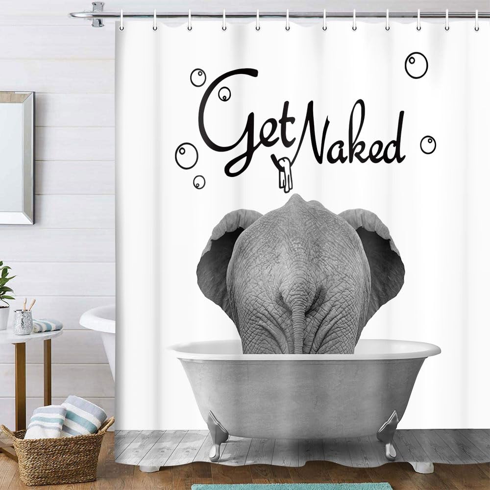 Uokiuki Get Naked Fabric Shower Curtain, Funny Animal Elephant Bathing In The Bathtub Shower Curtain For Bathroom, Cute Bath Cur
