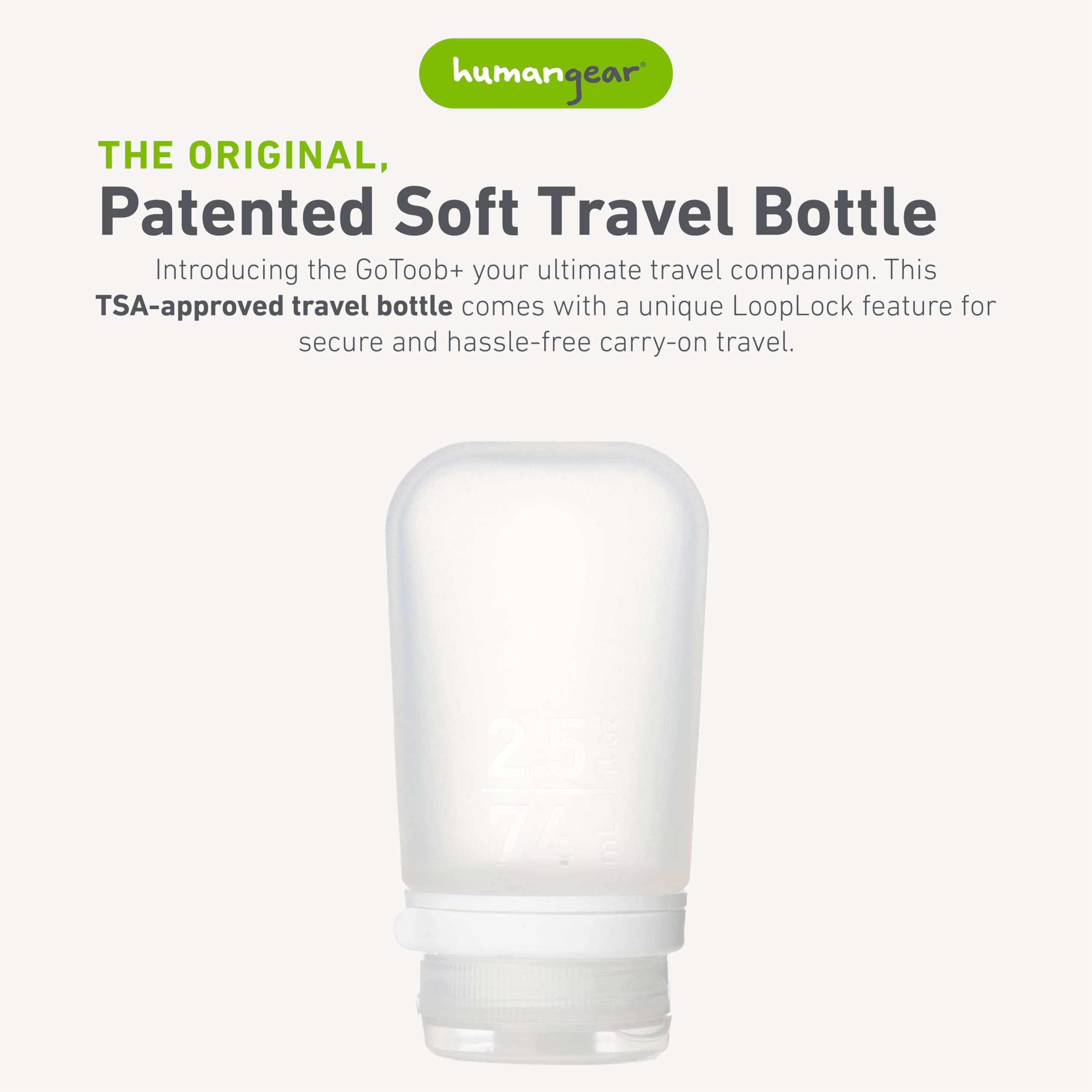 Humangear Gotoob+ (Medium) | Refillable Silicone Travel Bottle | Locking Lid | Food-Safe Material | Clear, Medium (2.5 Fl.Oz.; 7