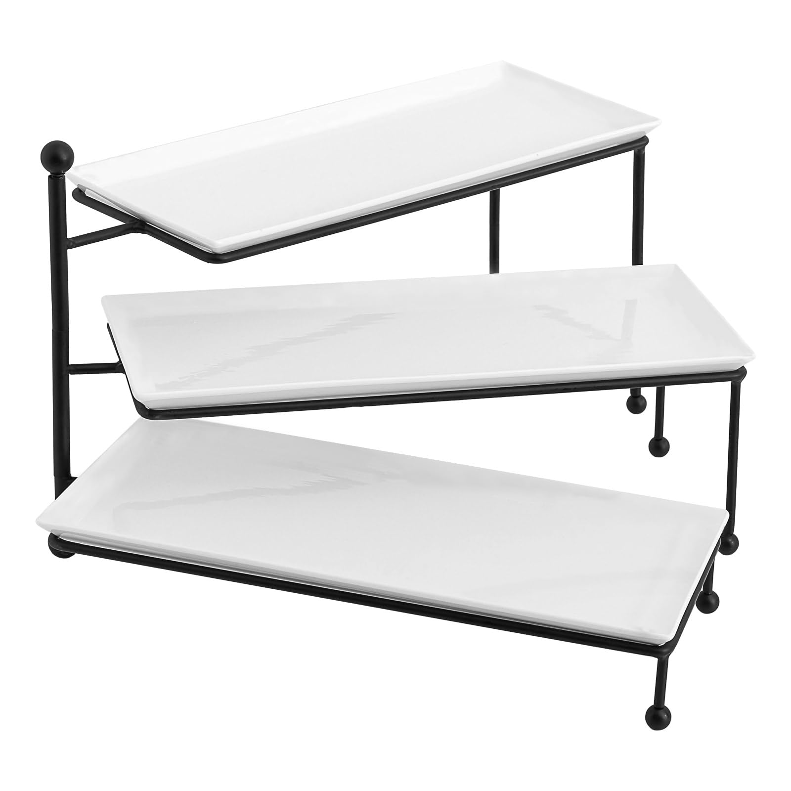 Kanwone 3 Tiered Serving Stand with White Porcelain Platters, Tiered Tray Stand, 14.5 x 6 Tier Serving Trays with Black Metal St