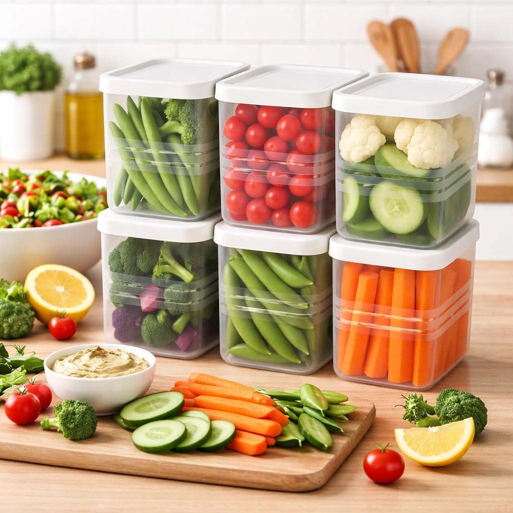 Bambolaa Plastic Food Storage Containers, Clear With White Lids, Airtight, Stackable, Set Of 6, For Meal Prep And Fridge Organis