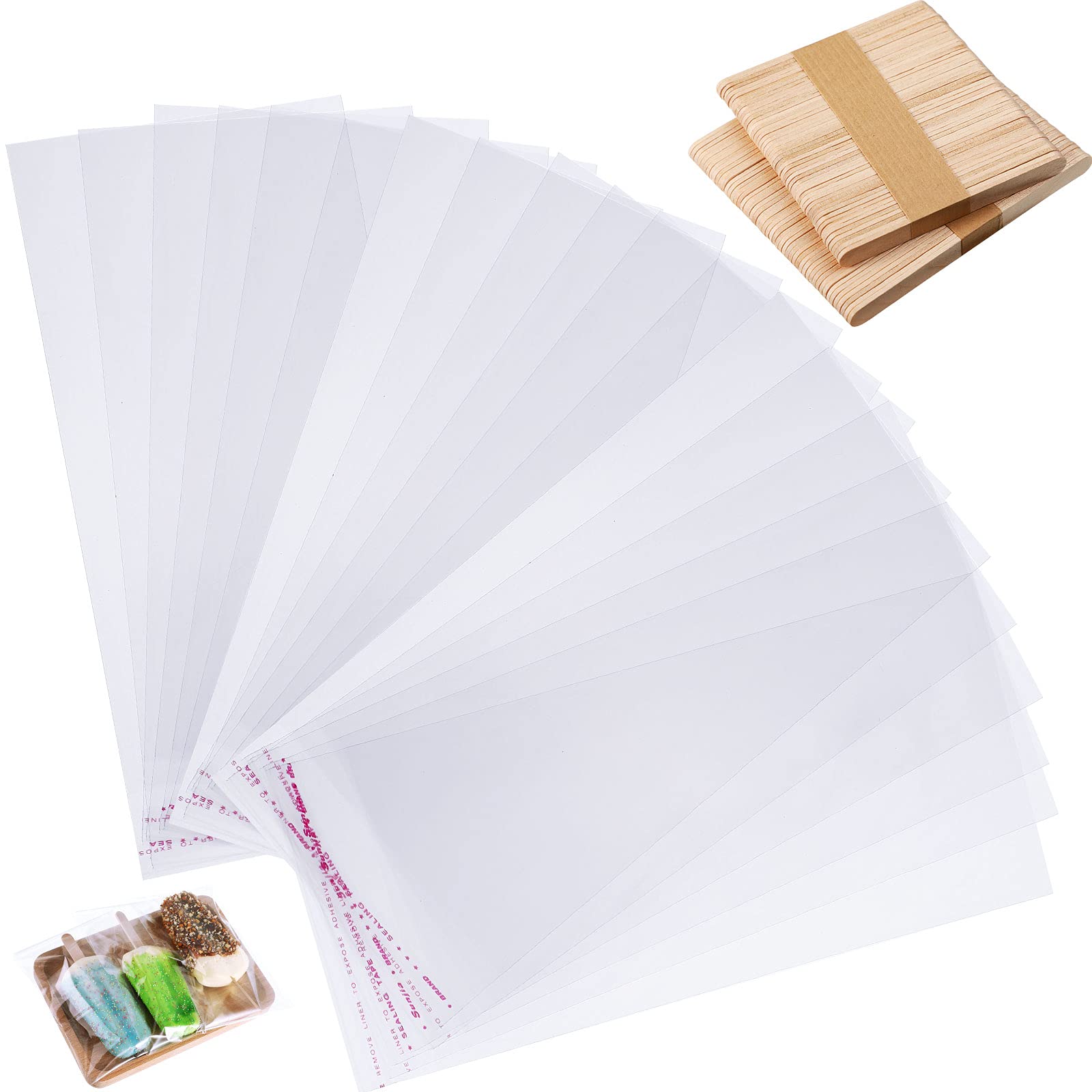 Yexiya 400 Pcs Ice Lolly Ticks And Bags Set, 300 Pcs Self Adhesive Clear Plastic Bags And 100 Pcs Disposable Wooden Sticks For S