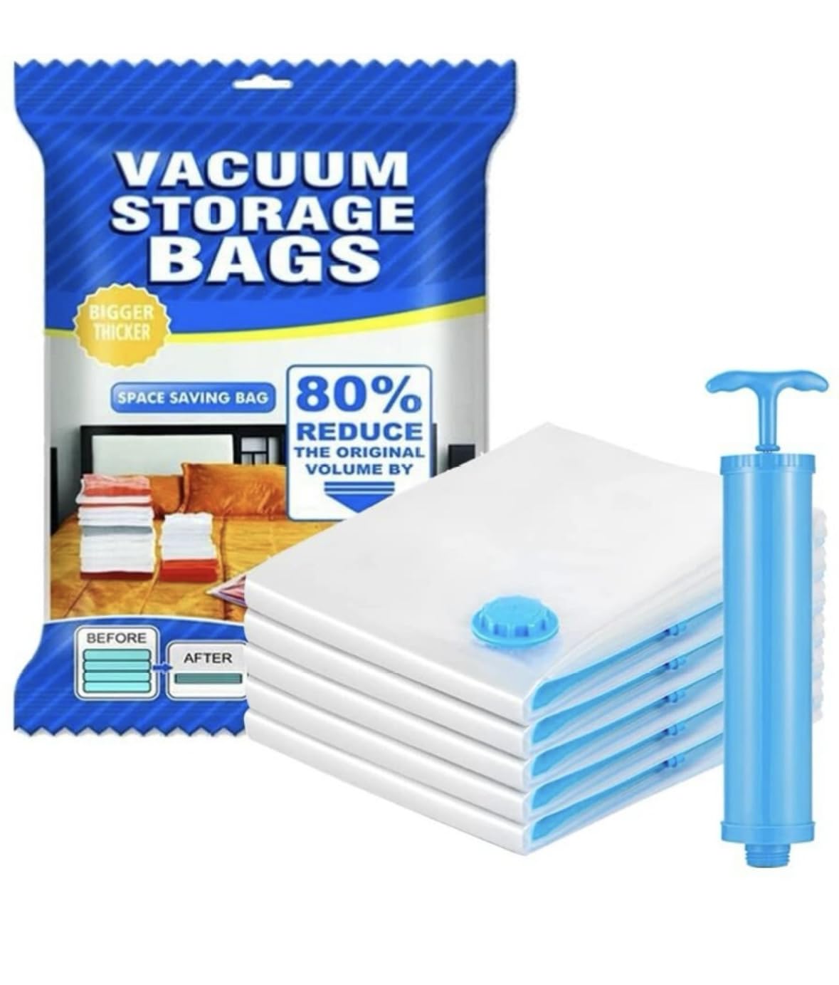 Kast Vacuum Compression Storage Bags With Hand Pump  5 Pack (2 Medium, 2 Small, 1 Large) | Space Saver Bags For Clothes, Travel