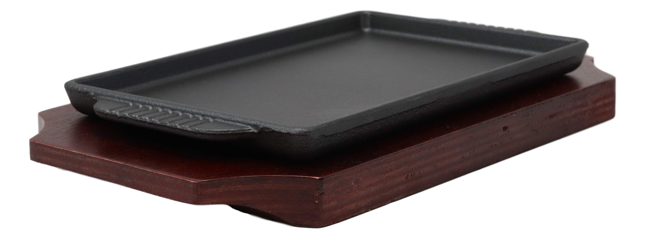 Ebros Personal Size Cast Iron Sizzling Fajita Pan Skillet Japanese Steak Plate With Wood Underliner Base Restaurant Home Kitchen
